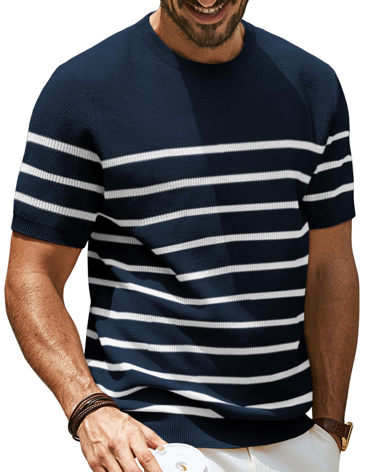 PJ PAUL JONES Camiseta de punto para hombre, casual, cuello redondo, a rayas, manga corta, texturizada, camisa de punto