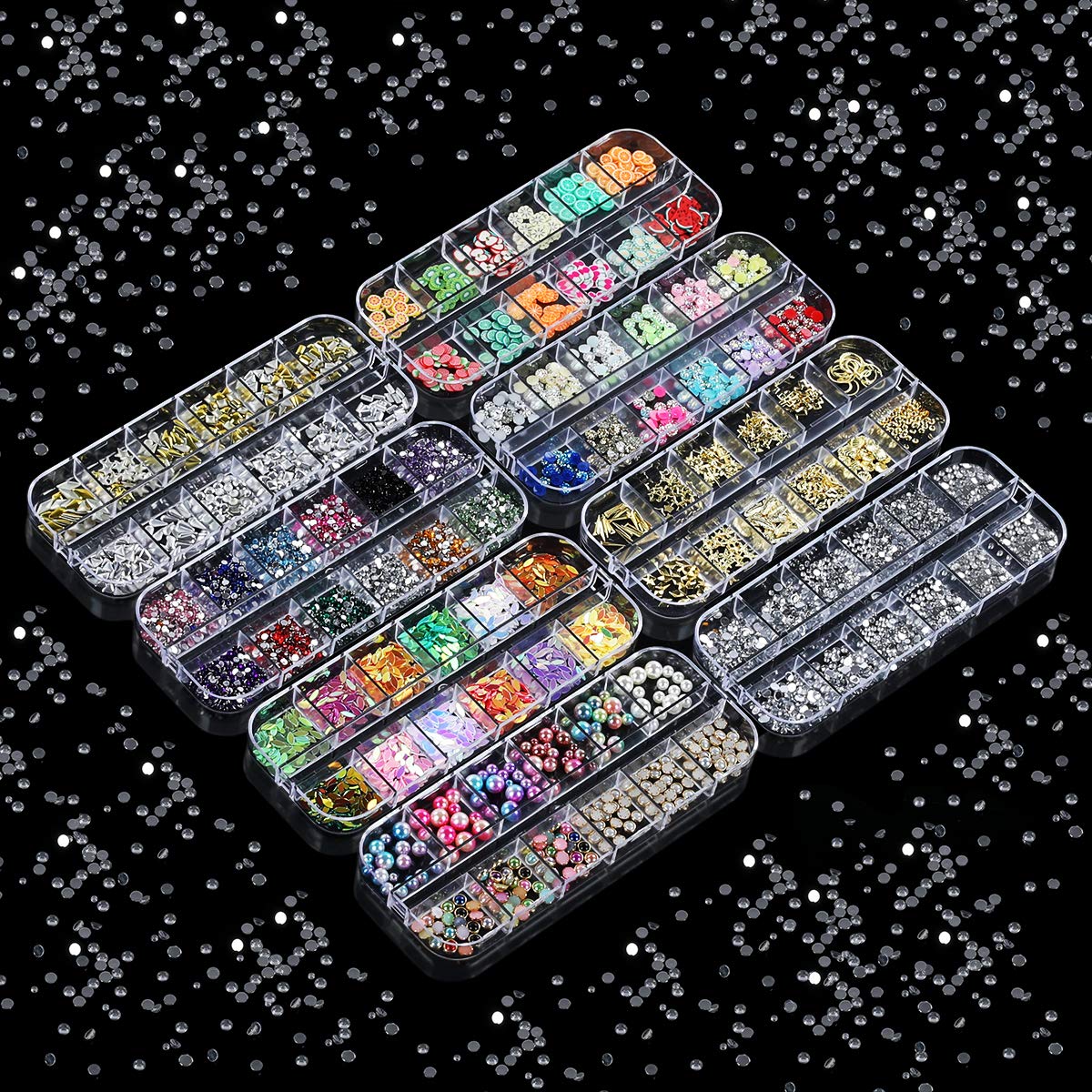 Kit de Strass pour Ongles - 8 Boîtes d'Art d'Ongle, Décorations 3D, Cristaux, Diamants, Paillettes avec Pince à Épiler et Picker