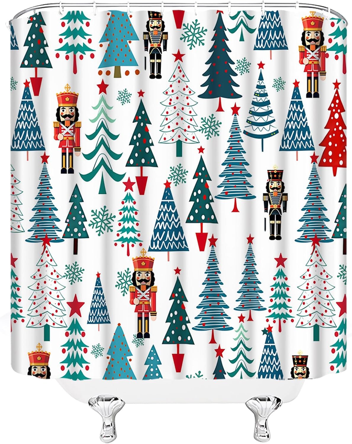 Christmas Extra Long Shower Curtain Blue Red Xmas Tree Snowflake Winter Holiday Cartoon Fabic with Hooks for Bathroom Decor,70x84 Inch