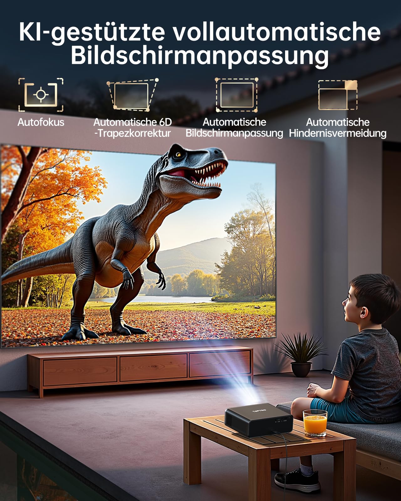 TOPTRO Smart Beamer Kompatibel mit Netflix, 20W Dolby Audio, 1200ANSI | Autofokus/6D Trapezkorrektur, Beamer 4K Heimkino Unterstützt, FHD1080P HDR10 WiFi 6/2-Wege-Bluetooth, geräuscharmer Projektor