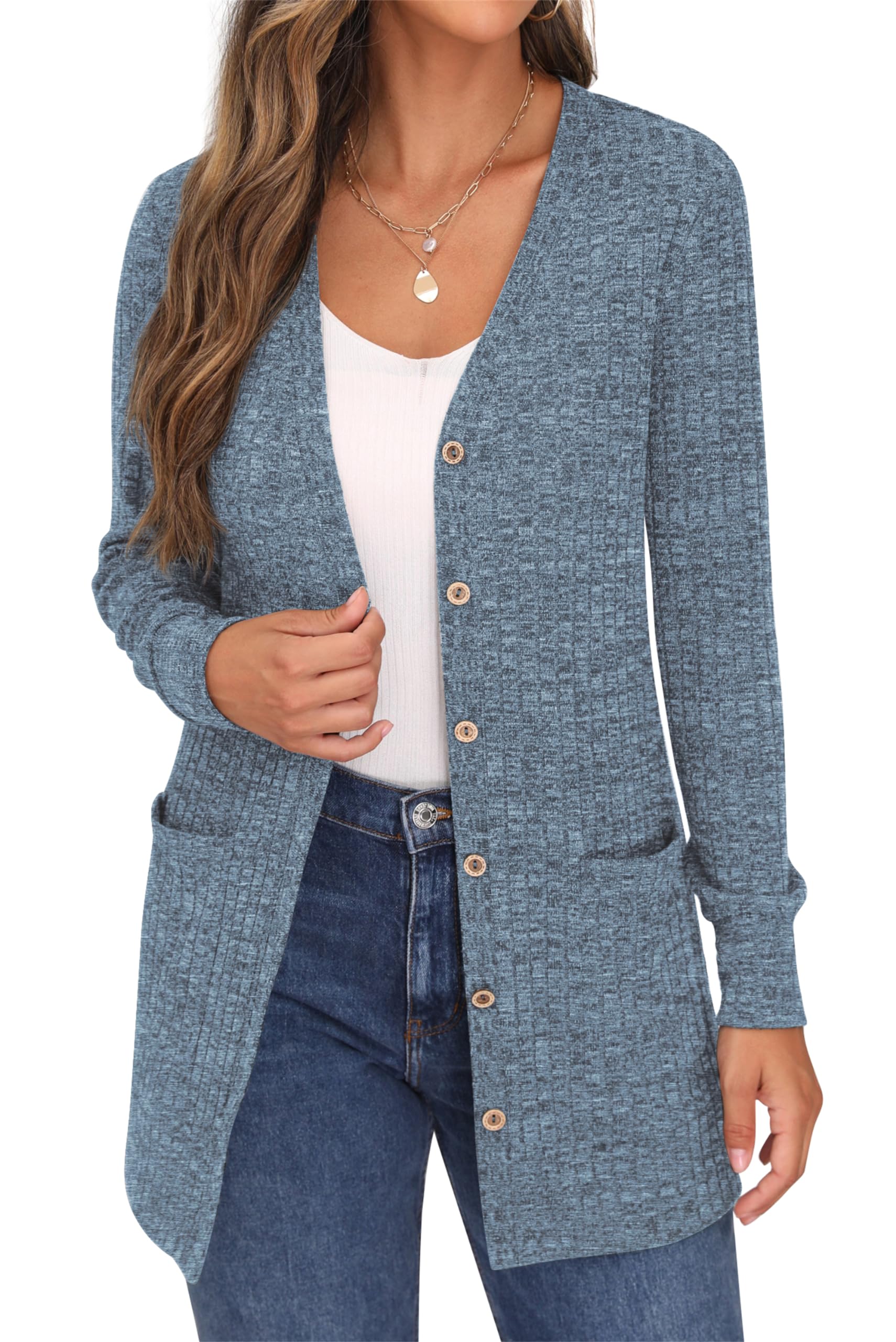 GRECERELLE Cardigan Donna Lungo Golfino Manica Lunga Elegante Comodo Apertura Frontale Bottoni Tasche Maglione Leggero Scollo a V