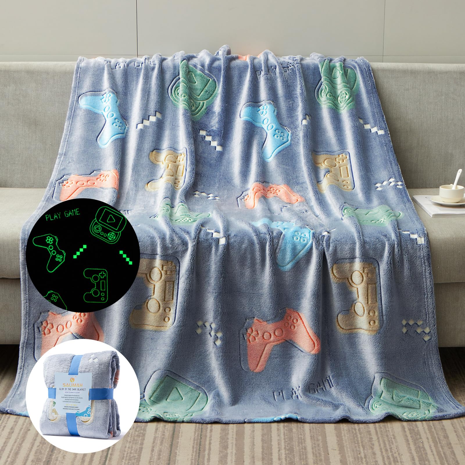 SALIMAH Glow in The Dark Blanket Gaming Gifts,Gamer Controller Gifts for Boys,Gift Toys for Teen Son Adult Gamepad Presents,Soft Kids Blankets Gifts