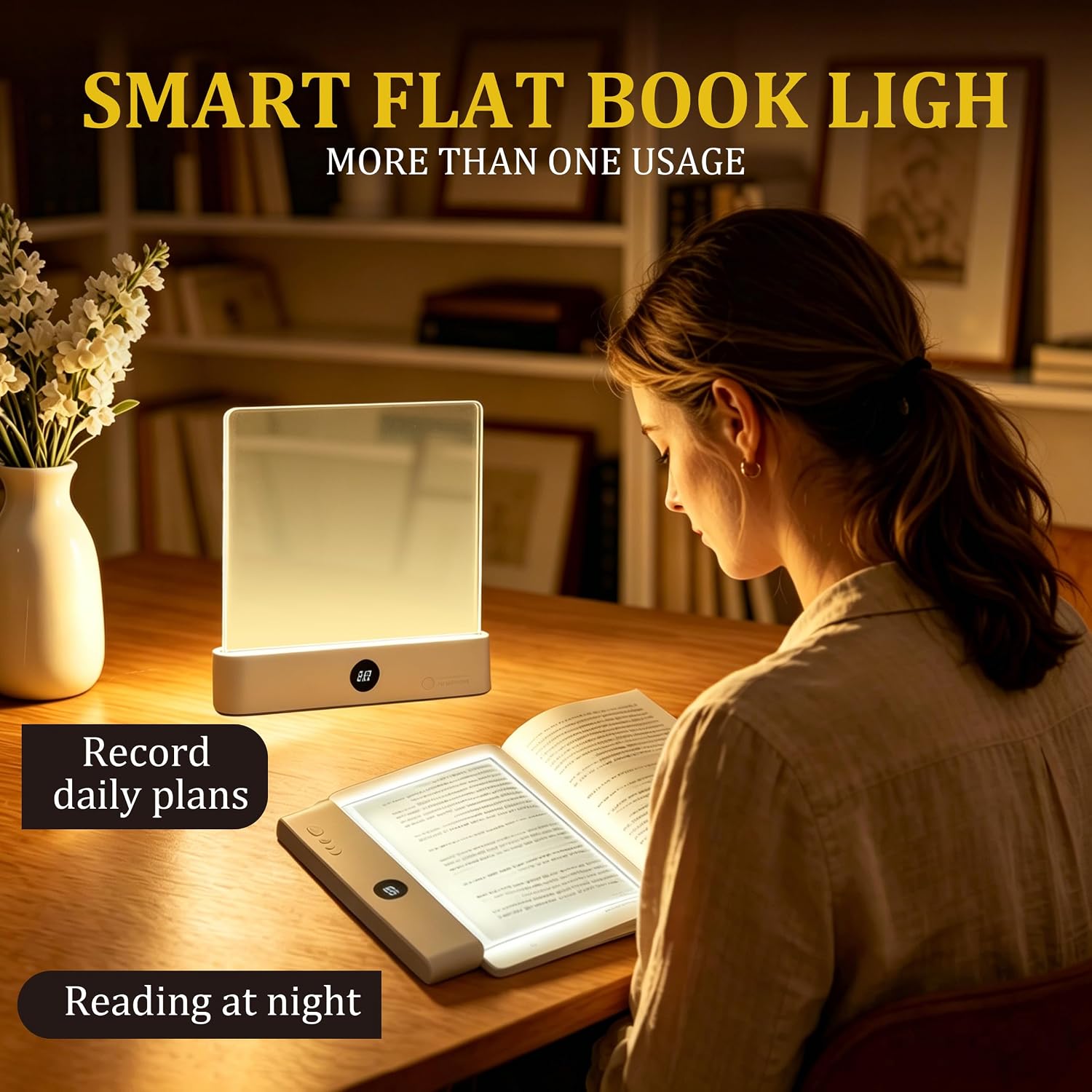 Book Light Panel, Flat Book Light Rechargeable, Acrylic Clear Smart LED Reading Lights with Brightness Adjustment, Full Books Page Lights with 3 Colors & Timer for Readers (White)