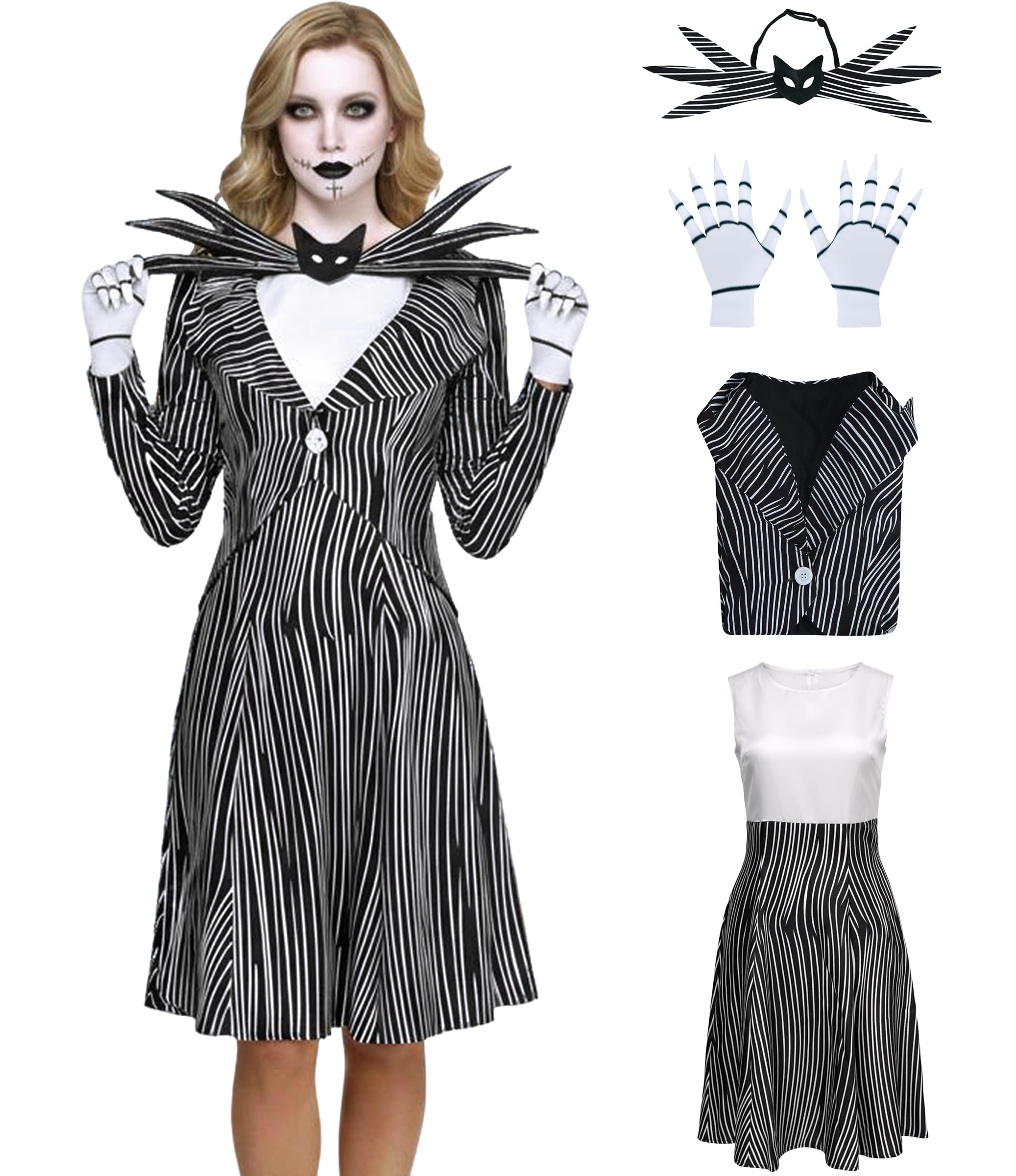 AYYOHON Jack Costume Christmas Nightmare Skeleton Halloween Costumes Women Sally Cosplay Gothic Dress With Neck Tie Gloves 3XL