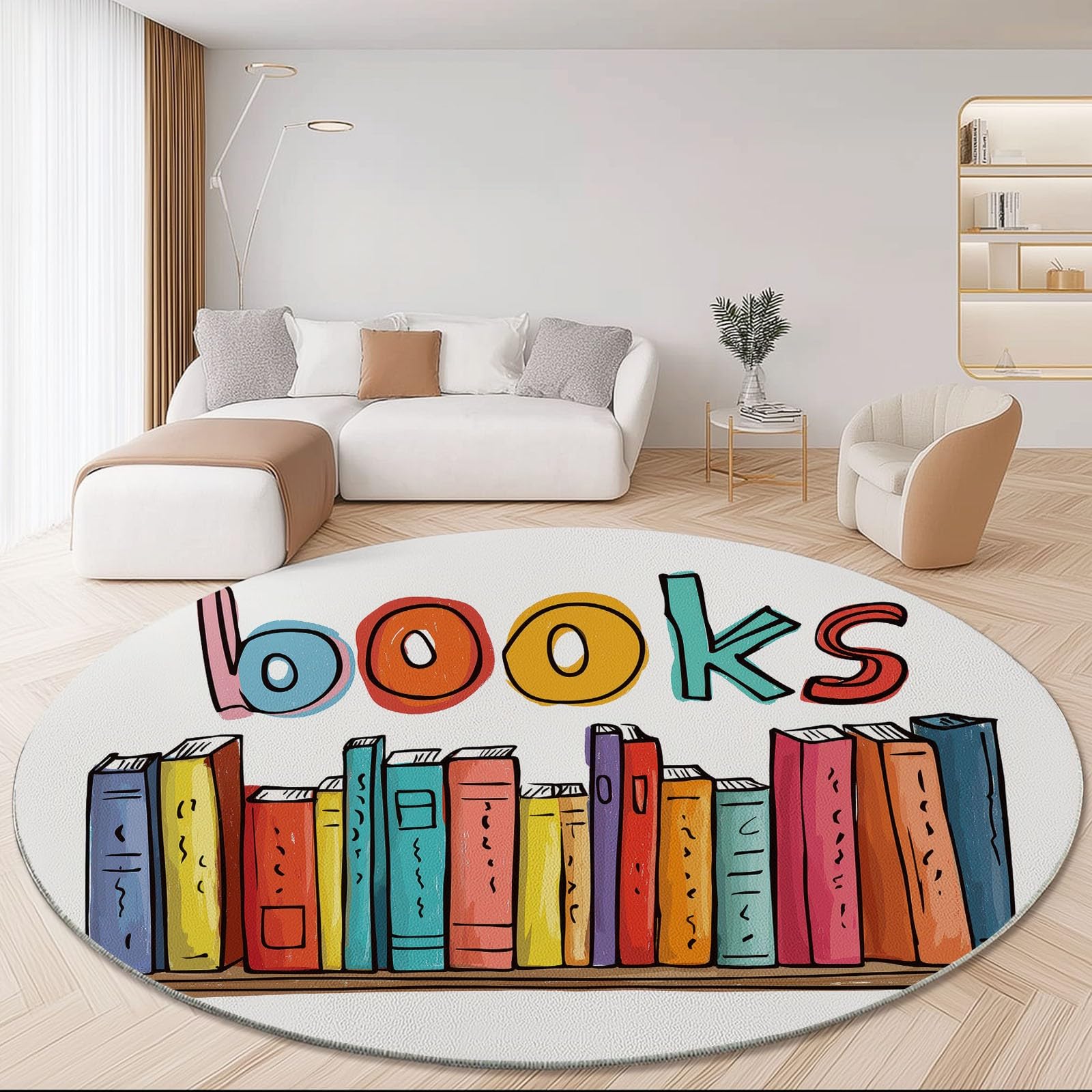 Teppich Rund 200 cm, Waschbare Teppiche, Minimalismus Bücher Briefe Flauschiger Runder Teppiche, rutschfest Carpet, Bedruckter Teppich Schlafzimmer Kinderzimmer, Bunt