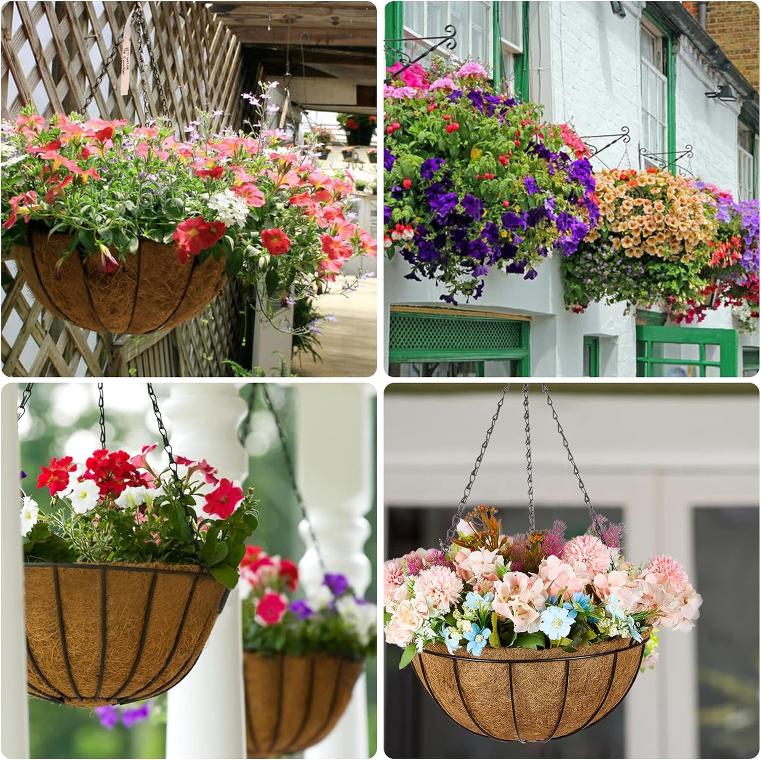 LATERN 4 Pièces Pots à Suspendu en Métal avec Doublure en Coco, 20CM Panier de Fleurs Ronds Suspendus de Doublure en Fibre de Coco avec 40CM Chaîne pour Jardin Porche Patio Plante Fleur Décoration