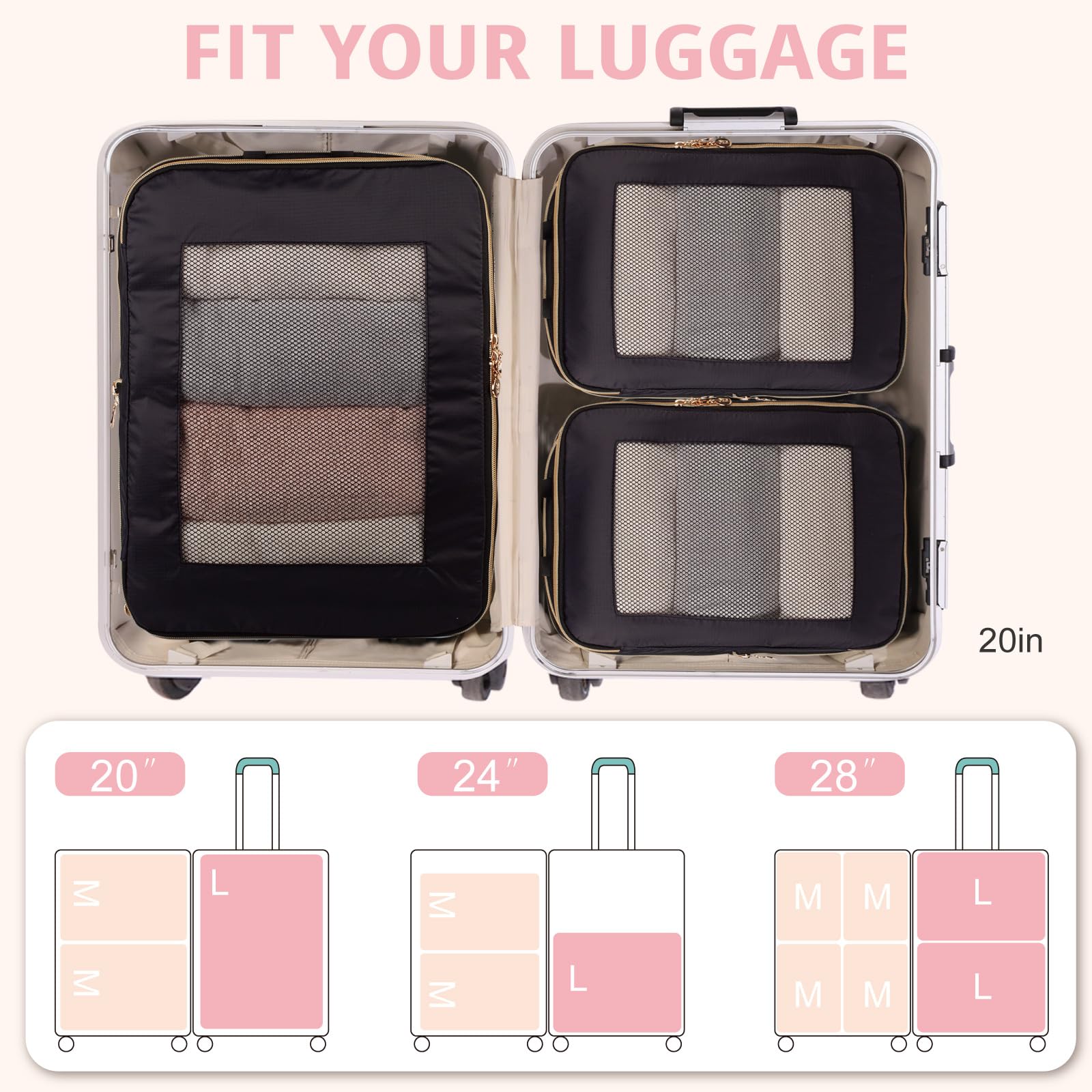 Cubo da imballaggio a compressione espandibile su entrambi i lati, set da 3 pezzi, leggero, a doppio ponte, borsa organizer per bagagli, zaini, valigie, accessori da viaggio da donna per vestiti