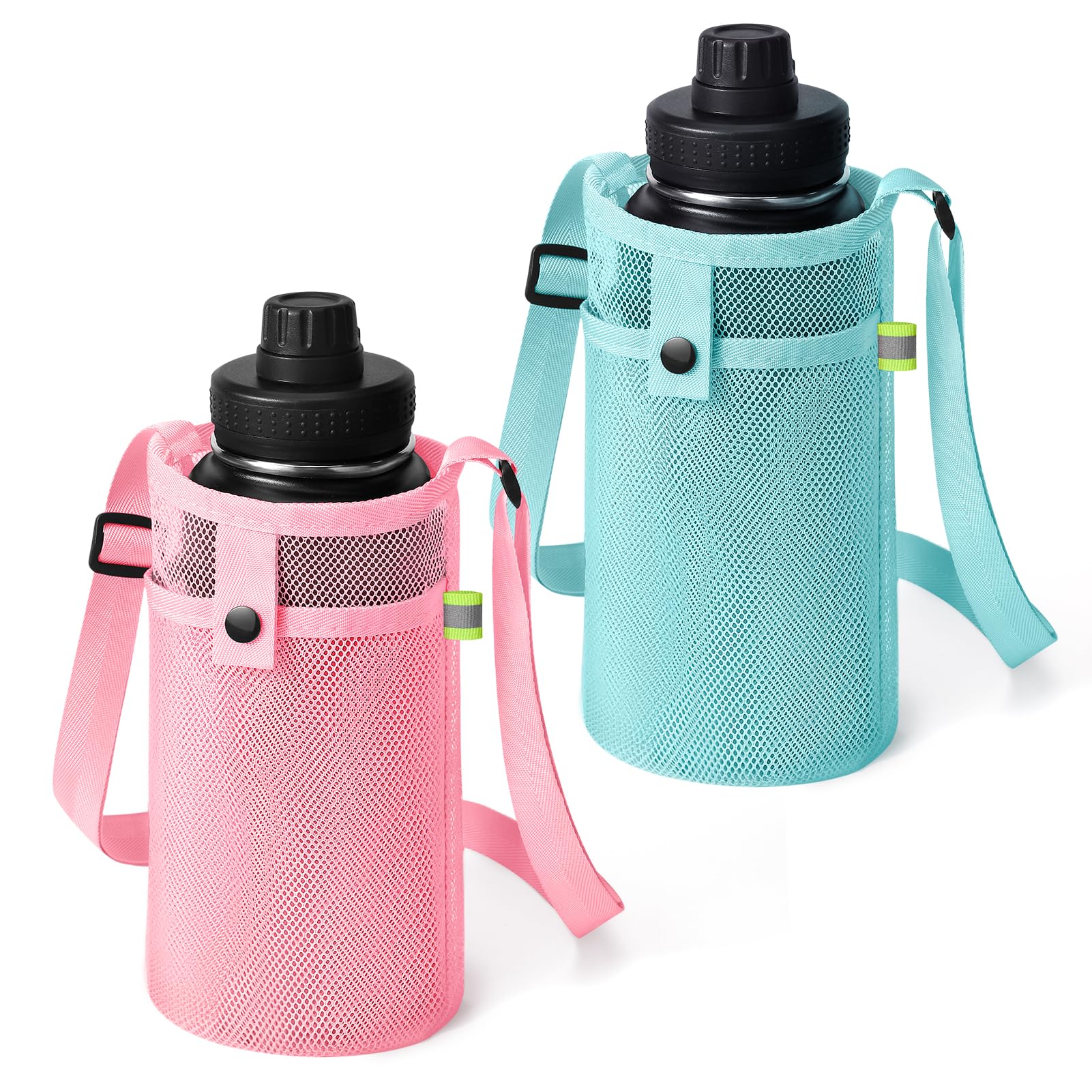 BINSUNS 2 Pcs Large Water Bottle Bag with Strap, Mesh Water Bottle Carrier Holder Crossbody Water Sling Bag Shoulder Strap and Pocket - Walking Sports Hiking Camping (Pink+Light Blue) — image 1