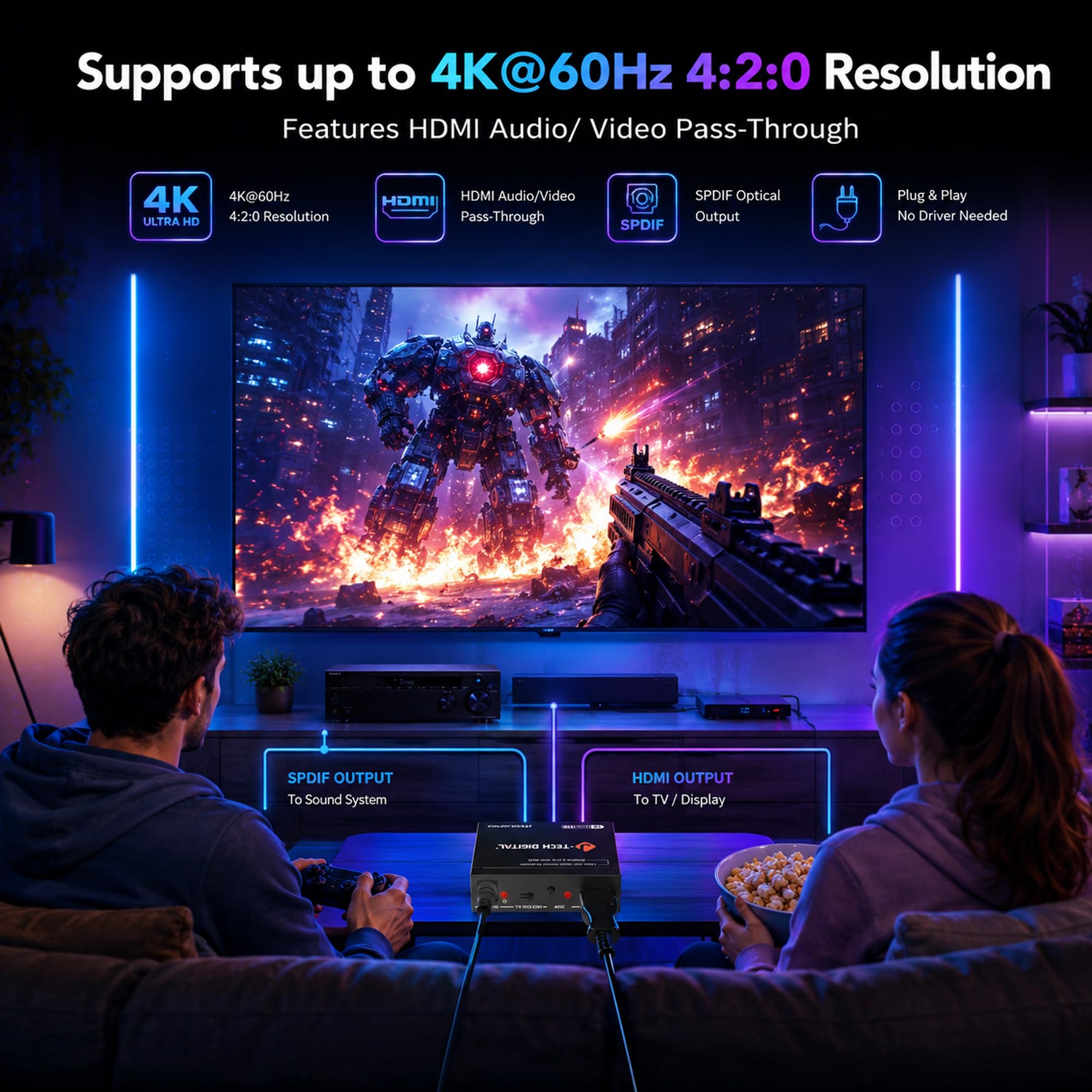 J-Tech Digital Estrattore audio HDMI 4K 60Hz e supporto ARC, da HDMI a RCA ottico compatibile con Dolby Digital DTS Stereo per console di gioco Blu-Ray laptop (JTECH-AE4KA)