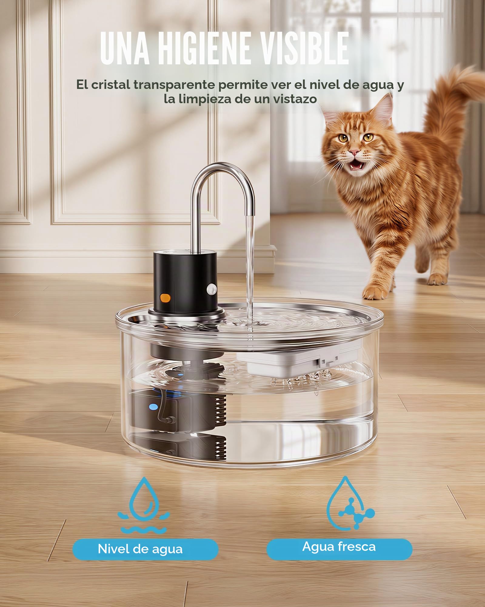 Tomxcute Fuente para Gatos 3,2L de Vidrio con Sensor | Batería de 5000mAh para uso inalámbrico, salida automática de agua y nivel visible de un vistazo