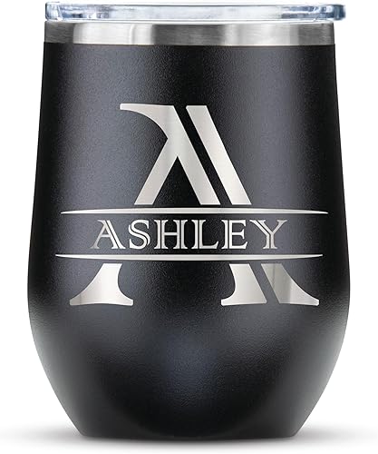 Vaso de vino personalizado con texto de iniciales grabadas personalizadas, taza de acero inoxidable de 12 onzas, vaso de café de viaje aislado al