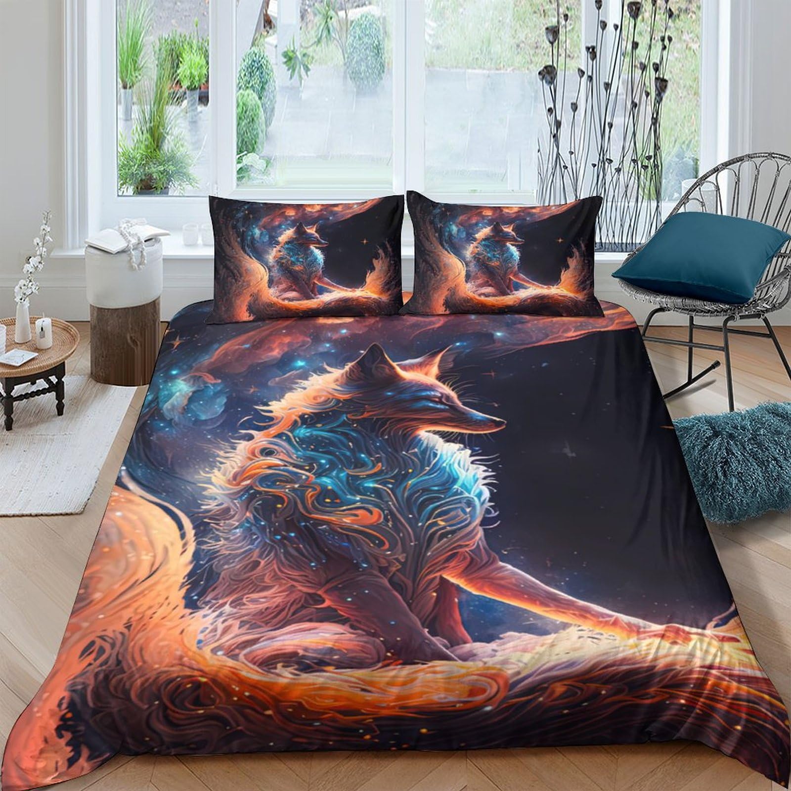 Ctjqhvkz Style-10 3D Printed Fiery Fox Fitted Sheet Microfiber Soft Breathable Cosmic Forest Mattress Cover Bedroom Decor Single（135X200cm）