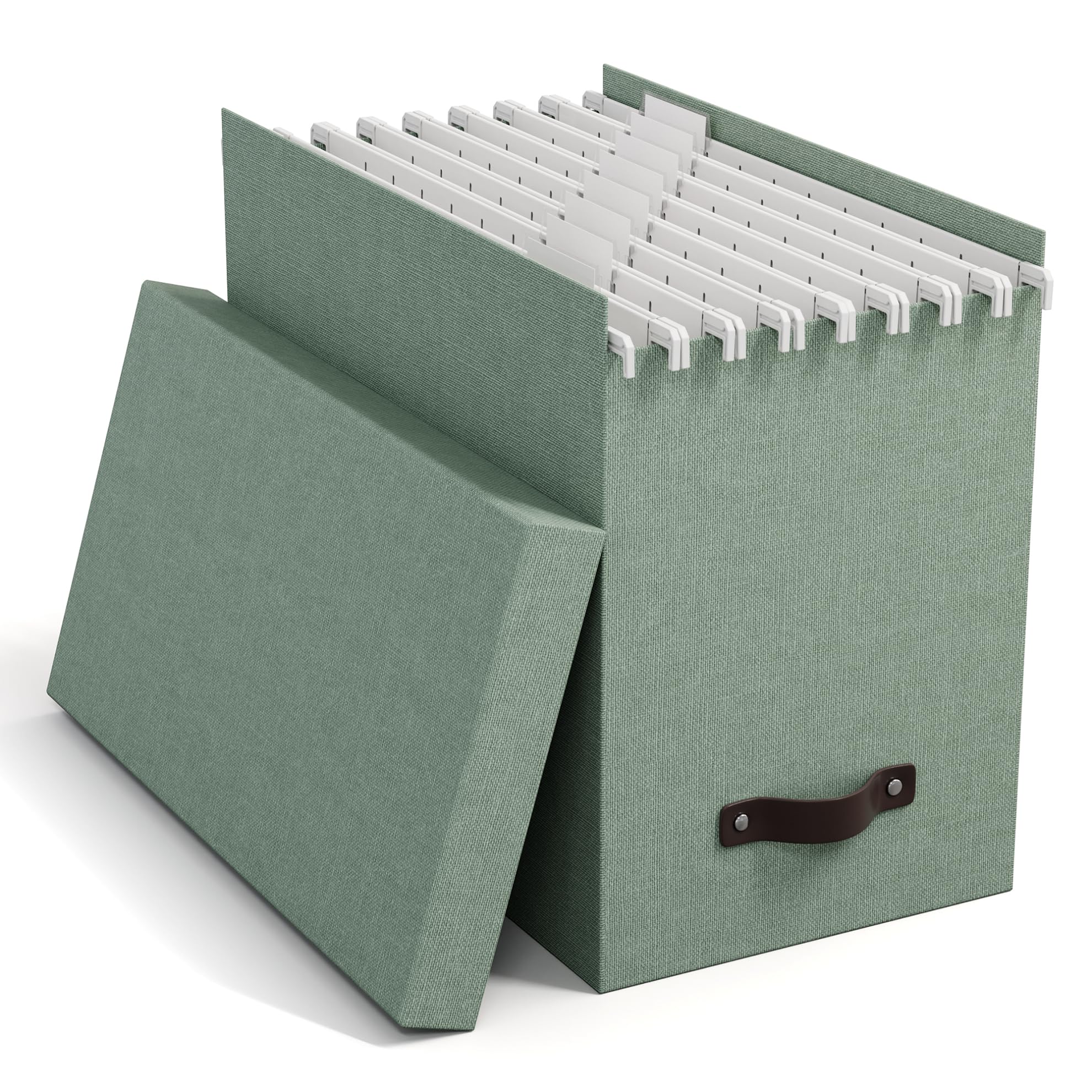BIGSO JOHAN Caja para archivar con tapa, elegante caja de archivo, incluye 8 carpetas colgantes, caja colgante de tablero de fibra y papel con elegante aspecto de lino, color verde menta