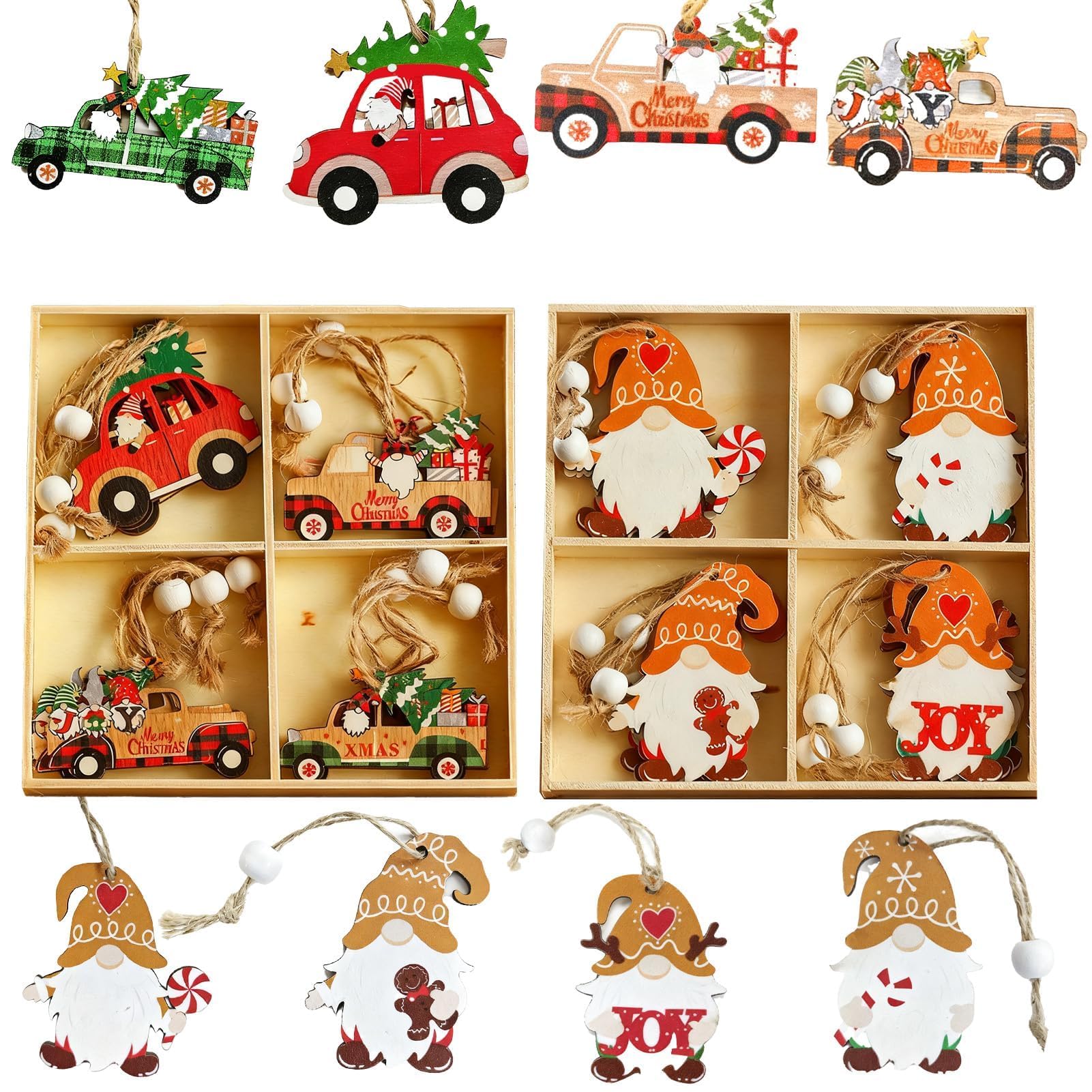 24Pcs Christmas Wooden Hanging Ornaments Set, Car/Elderly/Gnome Christmas Tree Wooden Pendant, Gifts Tags with Ropes & Twines, Rustic Hanging Xmas Tree Decor for Family Holiday Decoration