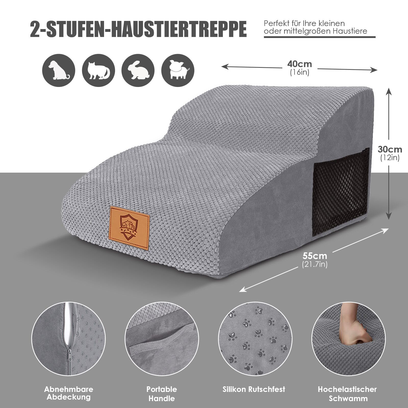 Myiosus Scaletta per Cani 2 Gradini, Scaletta per Cani Piccola Taglia, Scala per Animali Domestici in Schiuma per Divano e Letto, Antiscivolo, Impermeabile, Rimovibile, Lavabile, Grigio