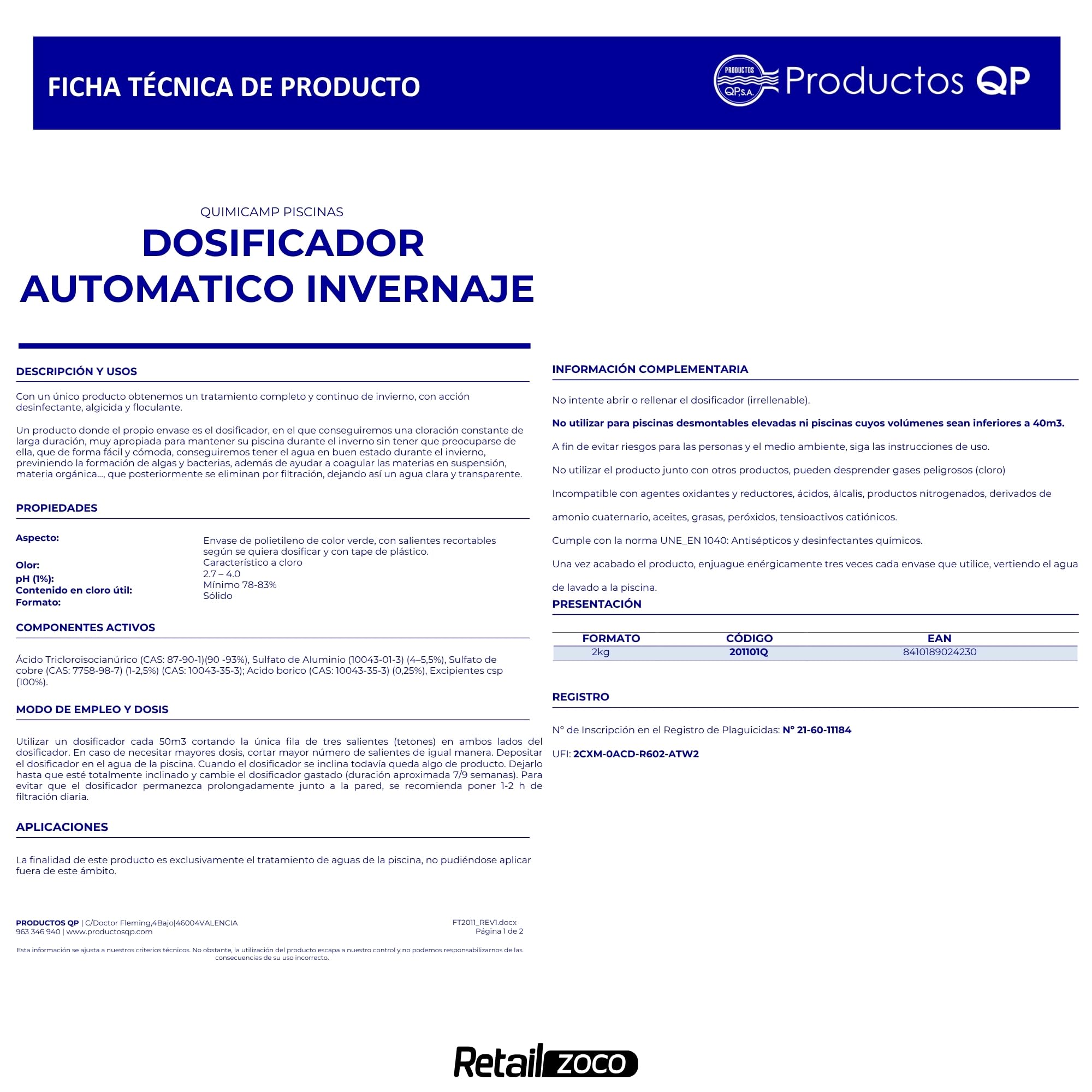Dosificador auto invernaje, Tratamiento agua sin mantenimiento 2 Kg 50m3 - imagen 6