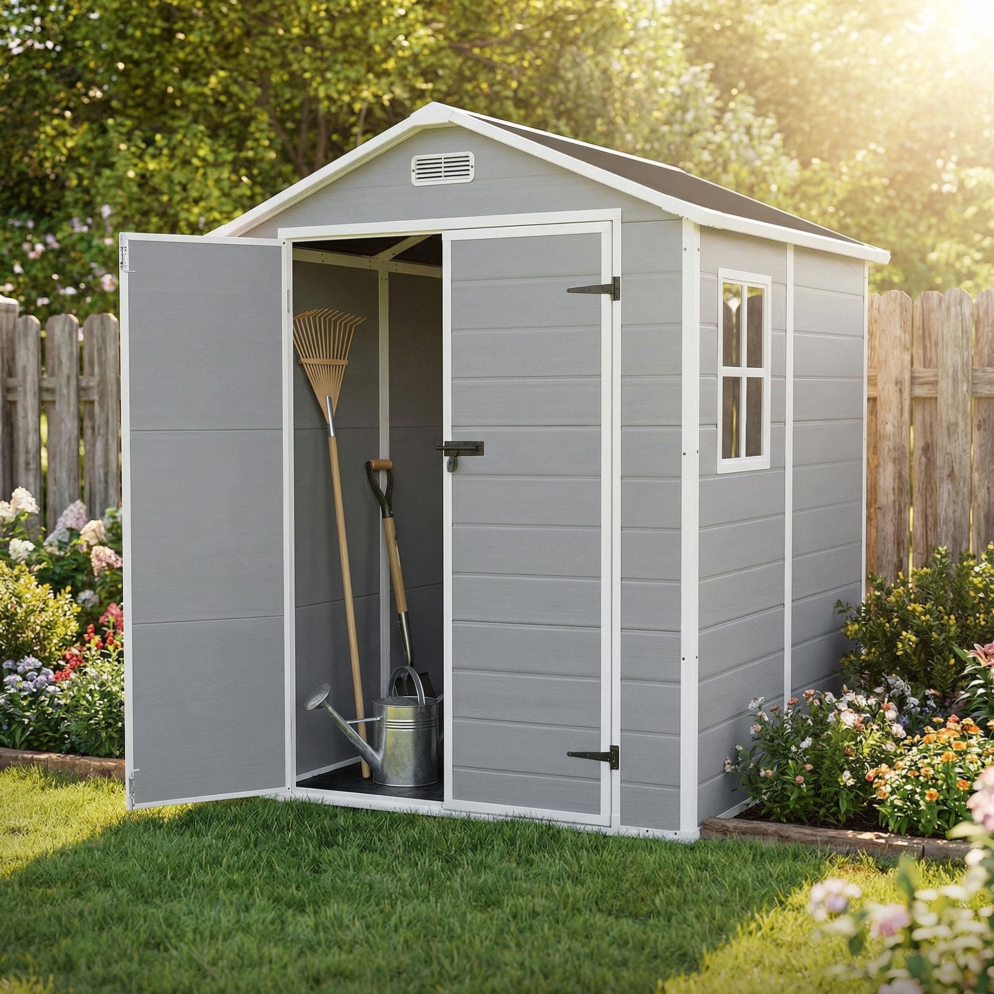 ECD Germany Abri de Jardin avec Plancher en Résine PP 5m³ Gris Clair, Toit Double Pente, Fenêtre, Porte Double, Ventilation, Cabane de Rangement Extérieur 151x182x220 cm, Résistant Aux Intempéries