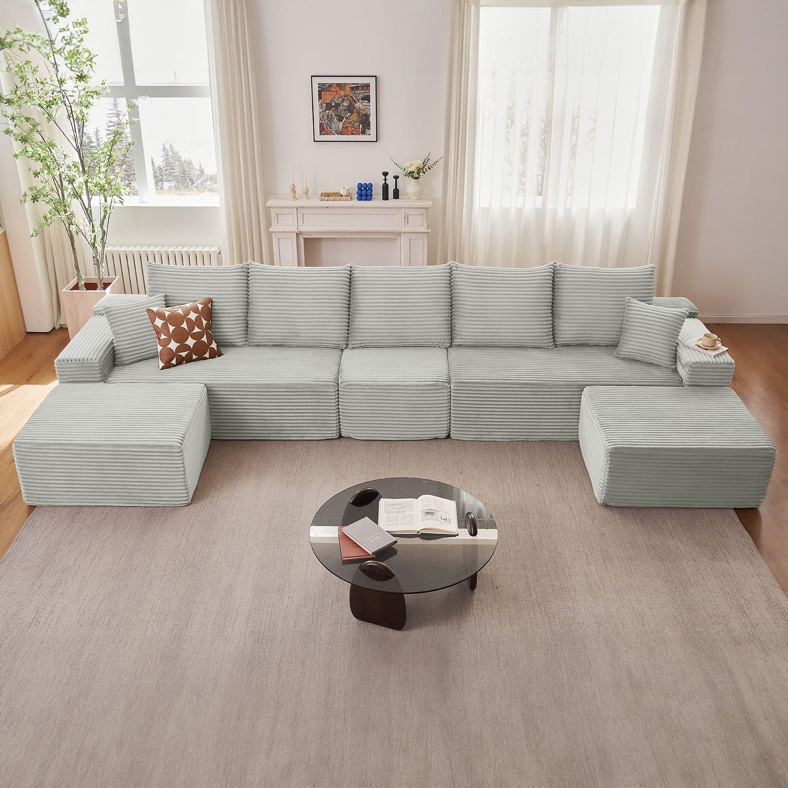 167.7" Sectional Cloud Couch for Living Room, Stupendous U Shaped Sofas, Modular Floor Deep-Seat Sofa, Big Comfy Corduroy Couches Set with Fluffy Memory Foam, No Assembly Required, Grey
