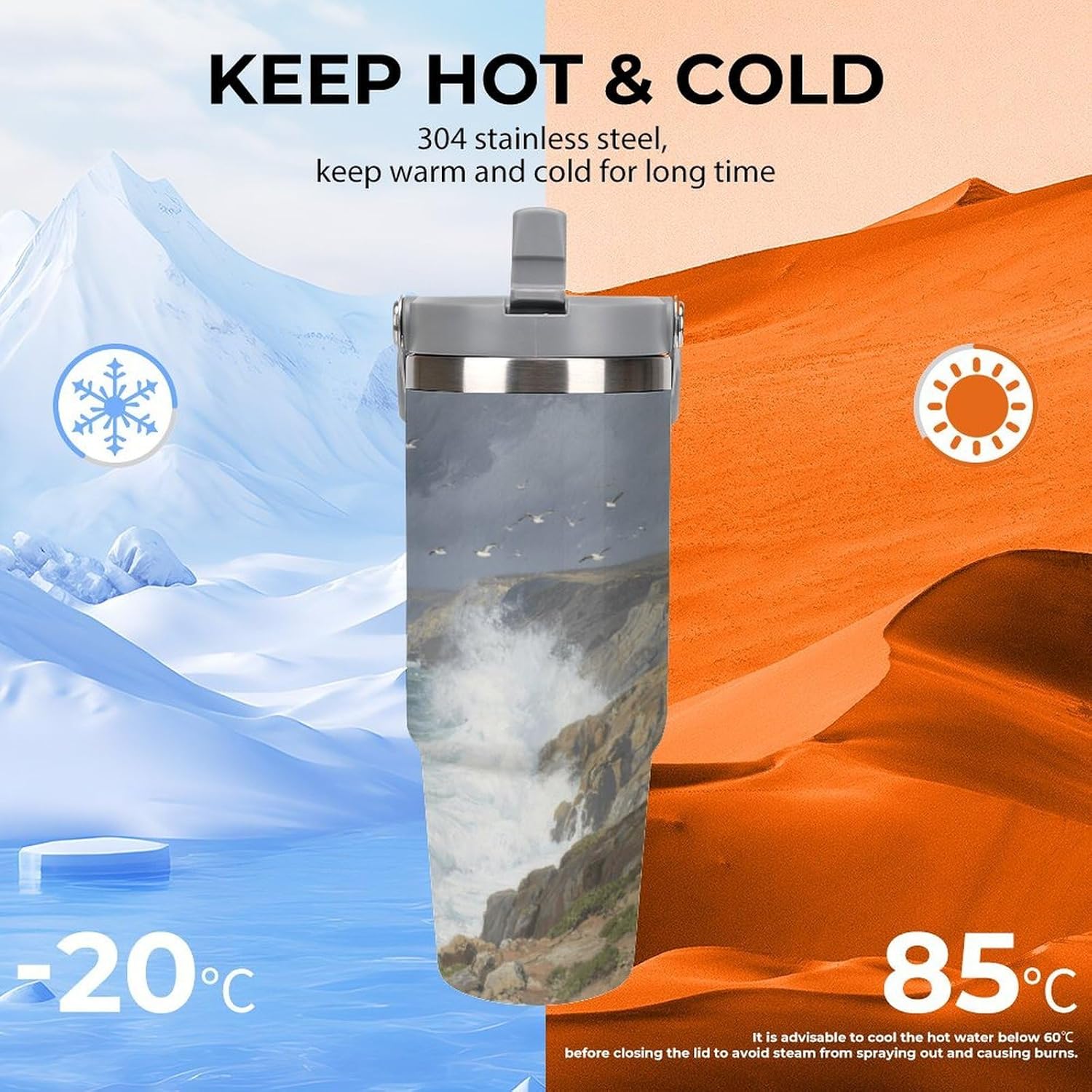 30 Oz Insulated Mug with Handle Lid And Straw Cape of Good Hope Coast Pattern Large Metal Sports Bottle Great for Gifts Parties Office Coffee