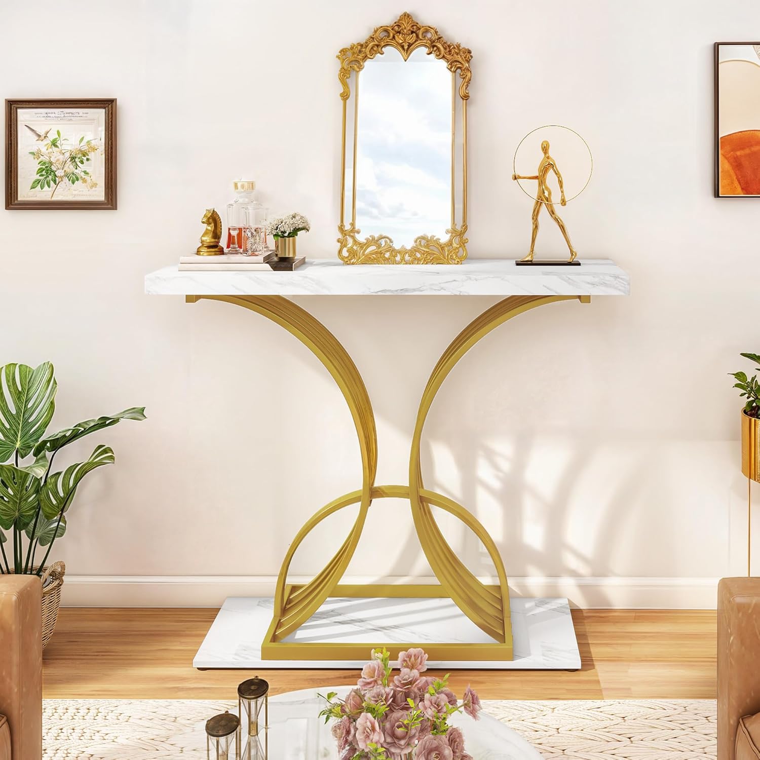 DWVO Gold Modern Console Table | 40" Narrow Sofa & Entryway Table for Living Room Hallway | White Faux Marble