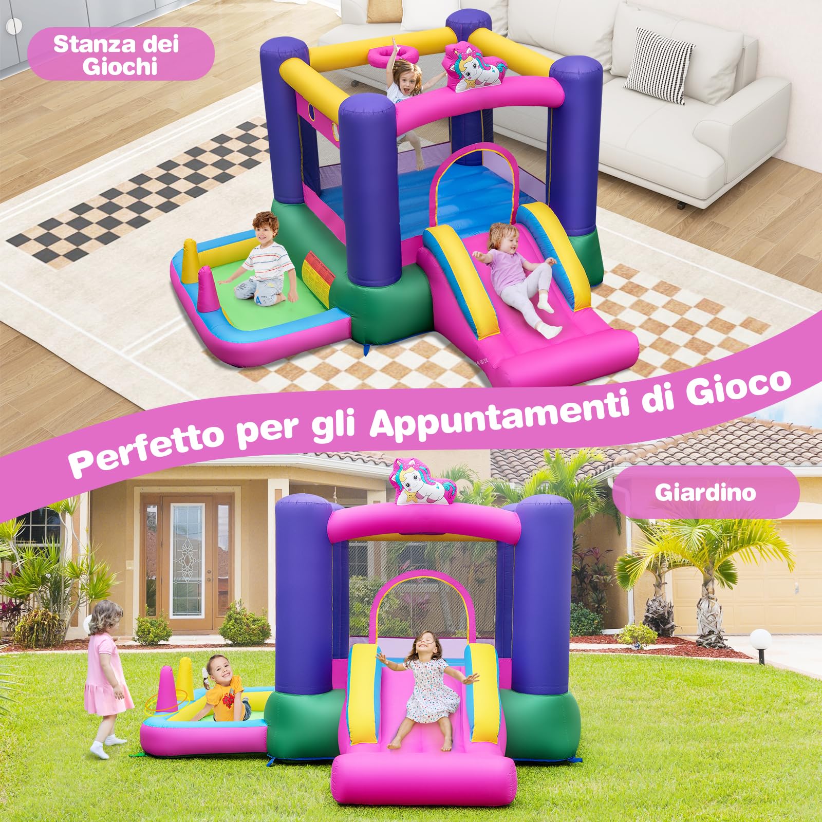 GYMAX Castello Gonfiabile da Interno/Esterno con Scivolo, Piscina di Palline, Canestro da Basket, Anelli e Palline, Centro Gioco per Bambini a Tema Unicorno, per Età 3-12 Anni