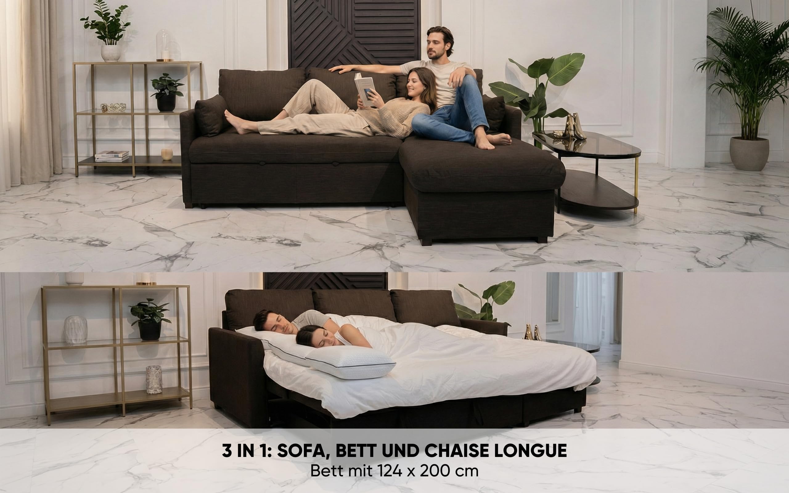 BUDWING Orlando Ecksofa Schlafsofa 3-Sitzer – Wendbare Chaiselongue mit Stauraum – Zeitgenössischer Stil, wasserabweisender, fleckenresistenter Stoff – 221x160,5x88 cm – Braun