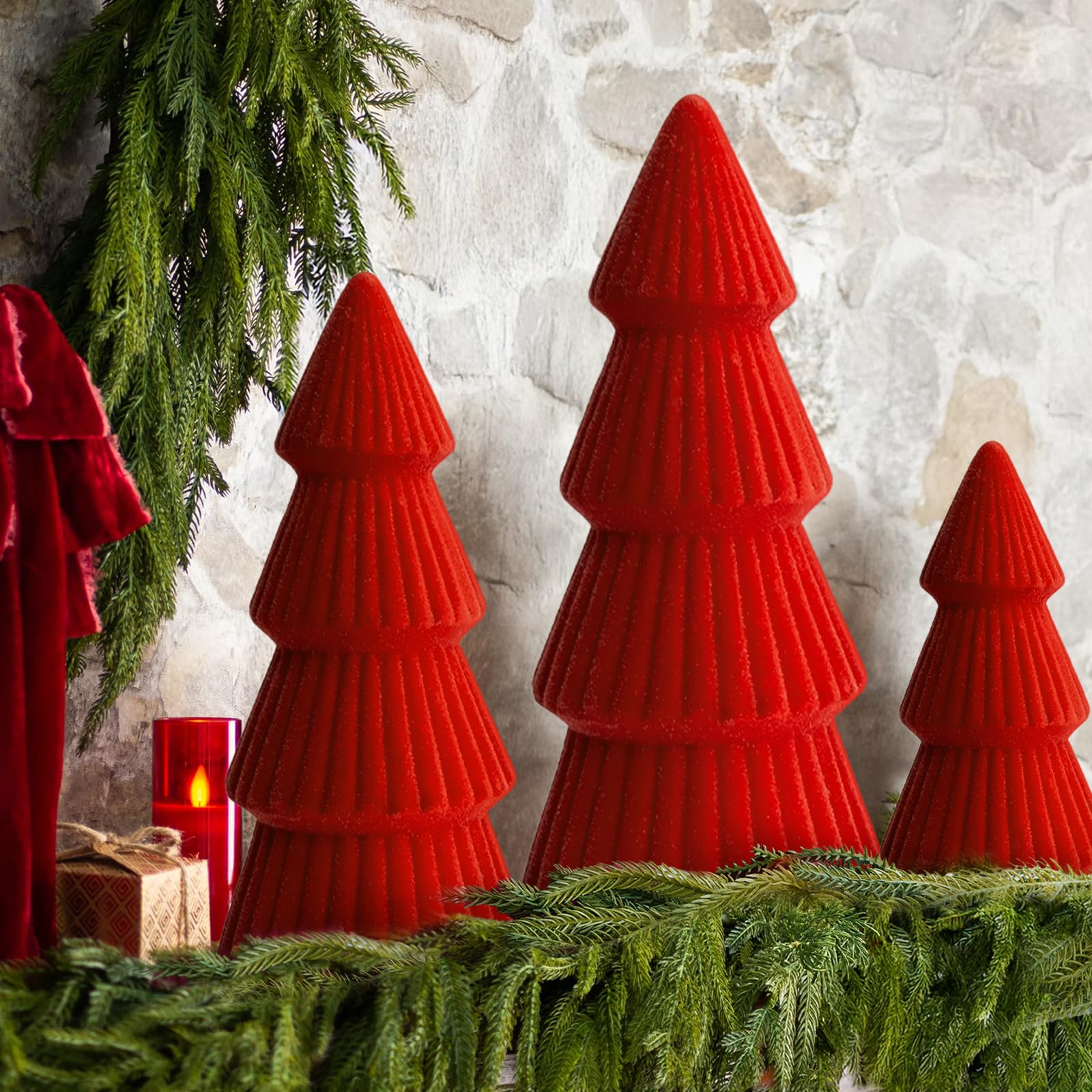 Christmas Decorations - Set of 3 Velvet Ceramic Christmas Trees - Modern Cone Indoor Christmas Decoration Centerpieces for Table Mantel and Living Room Home Decor (Red)