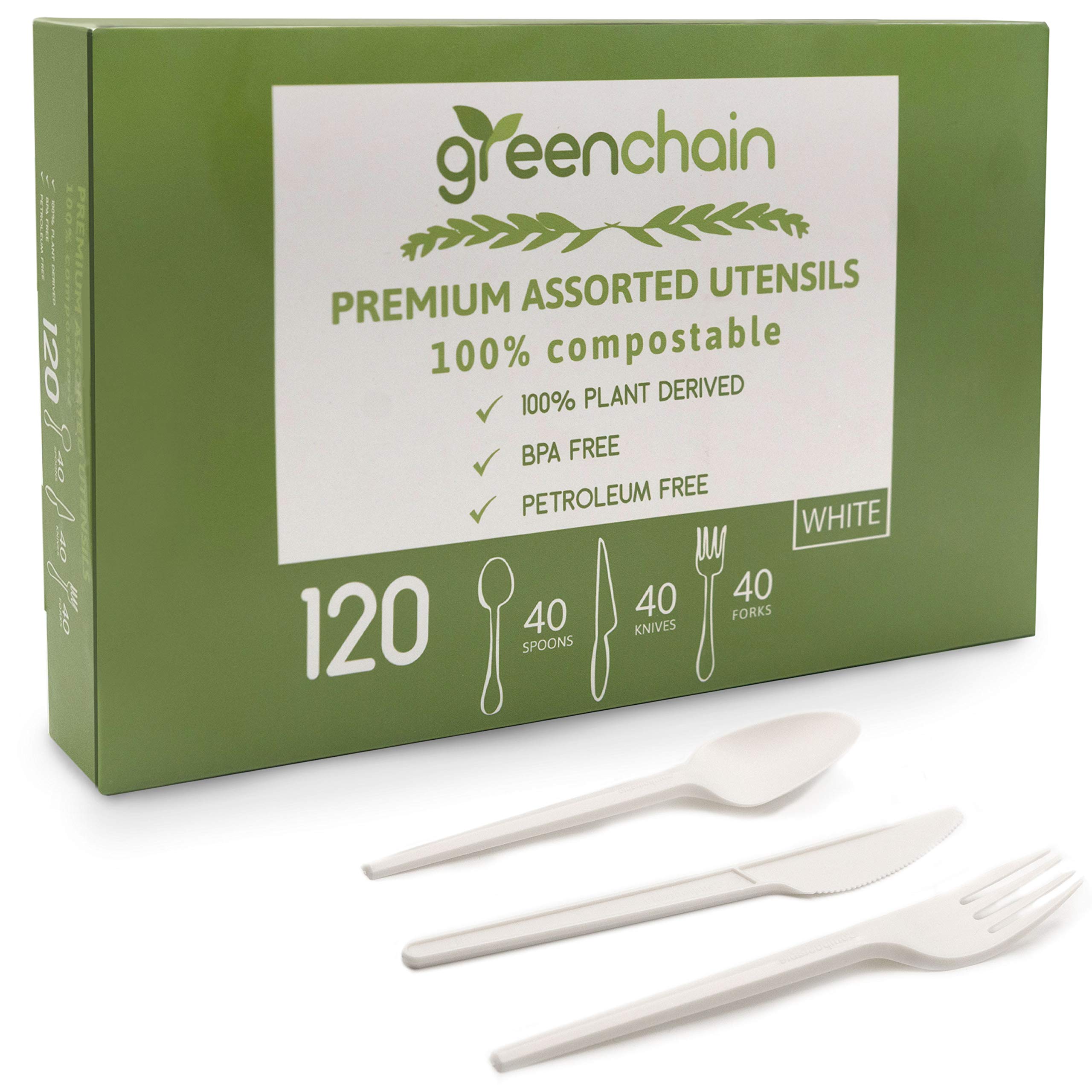 Greenchain Compostables, 120 Premium Assorted Plant Based Utensils,100% Compostable BPA free, party & event utensils