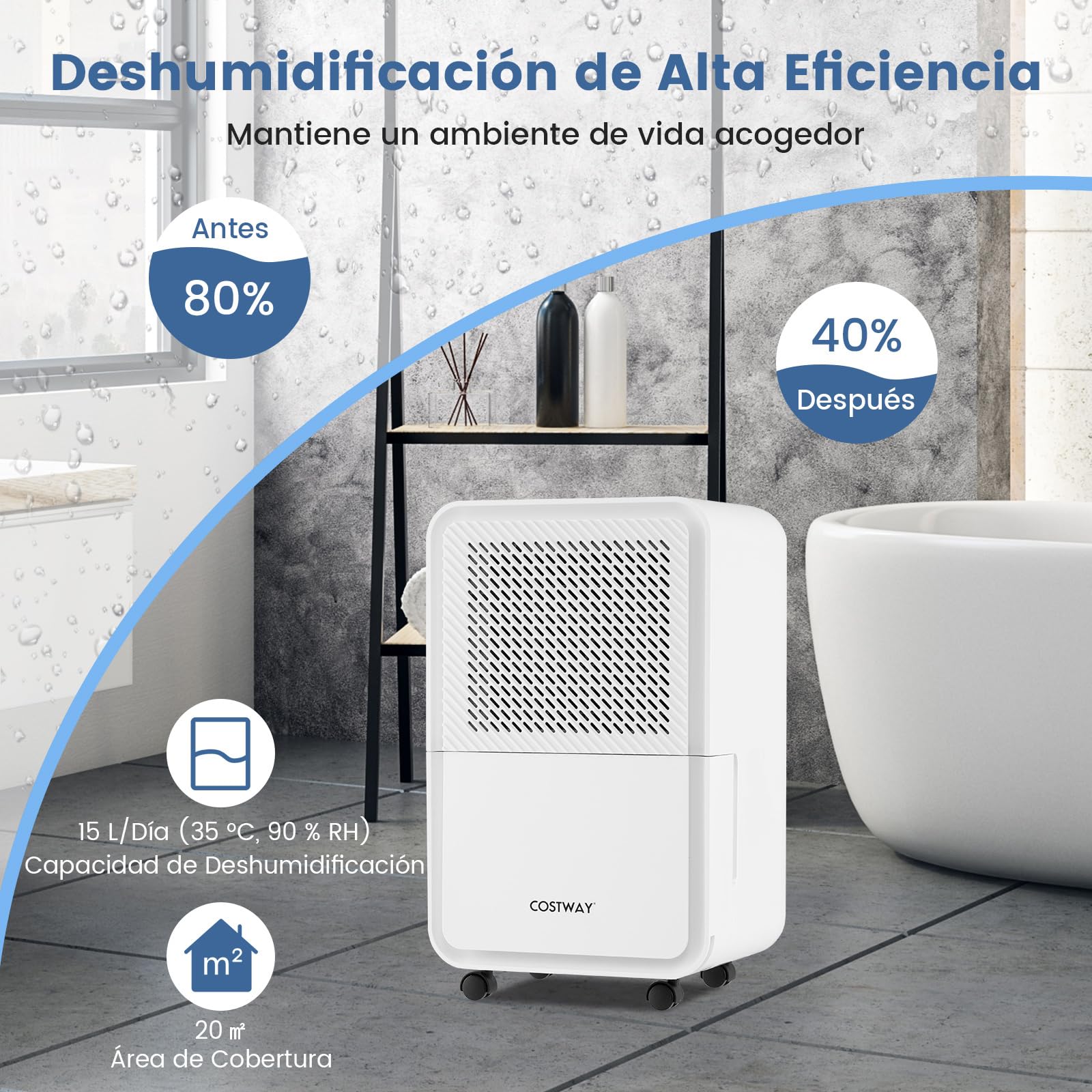 COSTWAY 15L Deshumificador de Humedad, Deshumidificador Silencioso con 4 Modos, Temporizador 24H, Pantalla Digital, Drenaje Continuo o Manual, Auto Descongelación para Sótano, Baño, Dormitorio