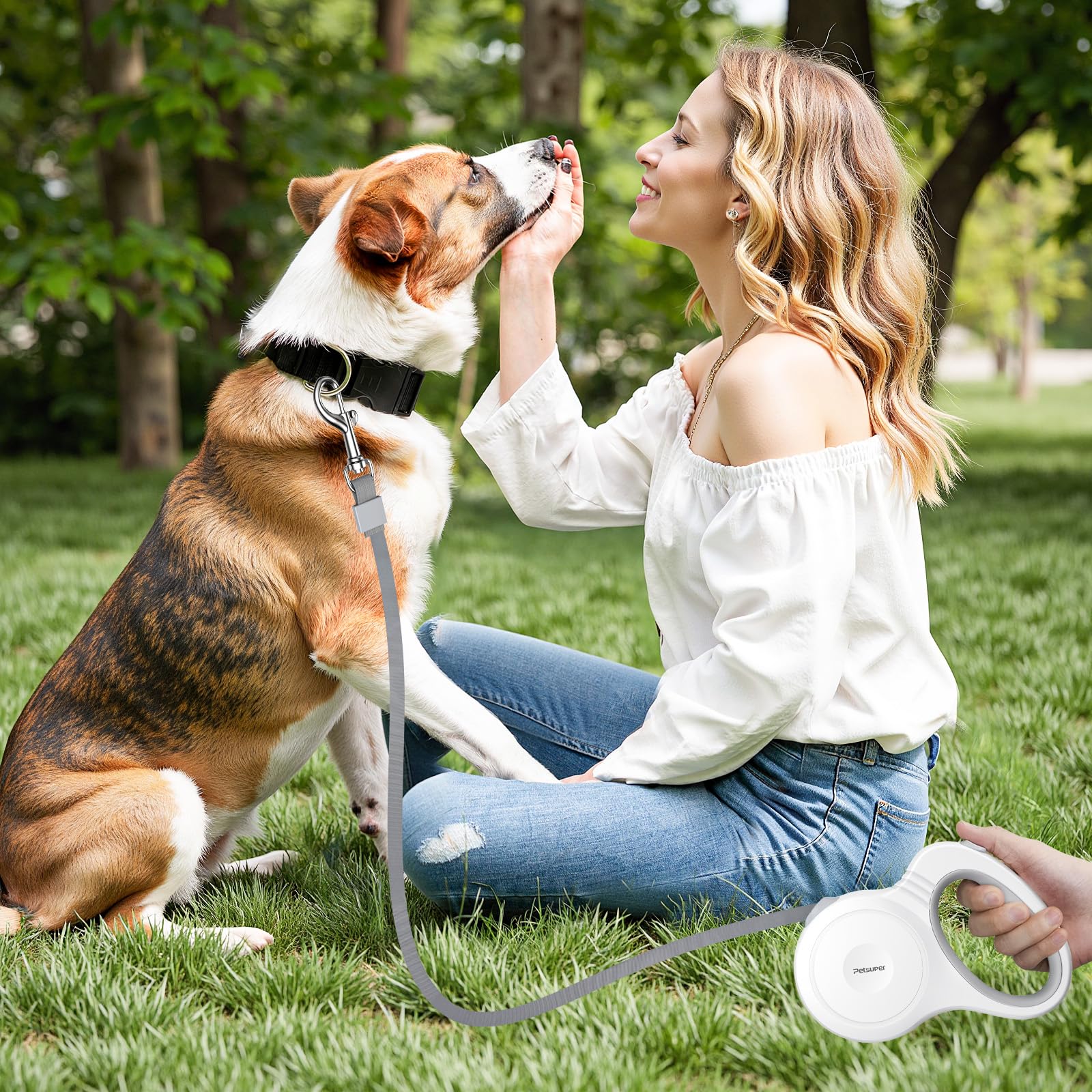 Petsuper Retractable Dog Leash, 16FT Dog Leashes for Medium Dogs up to 88lbs,360° No Tangle, Brake Pause, Big Grip, White 1