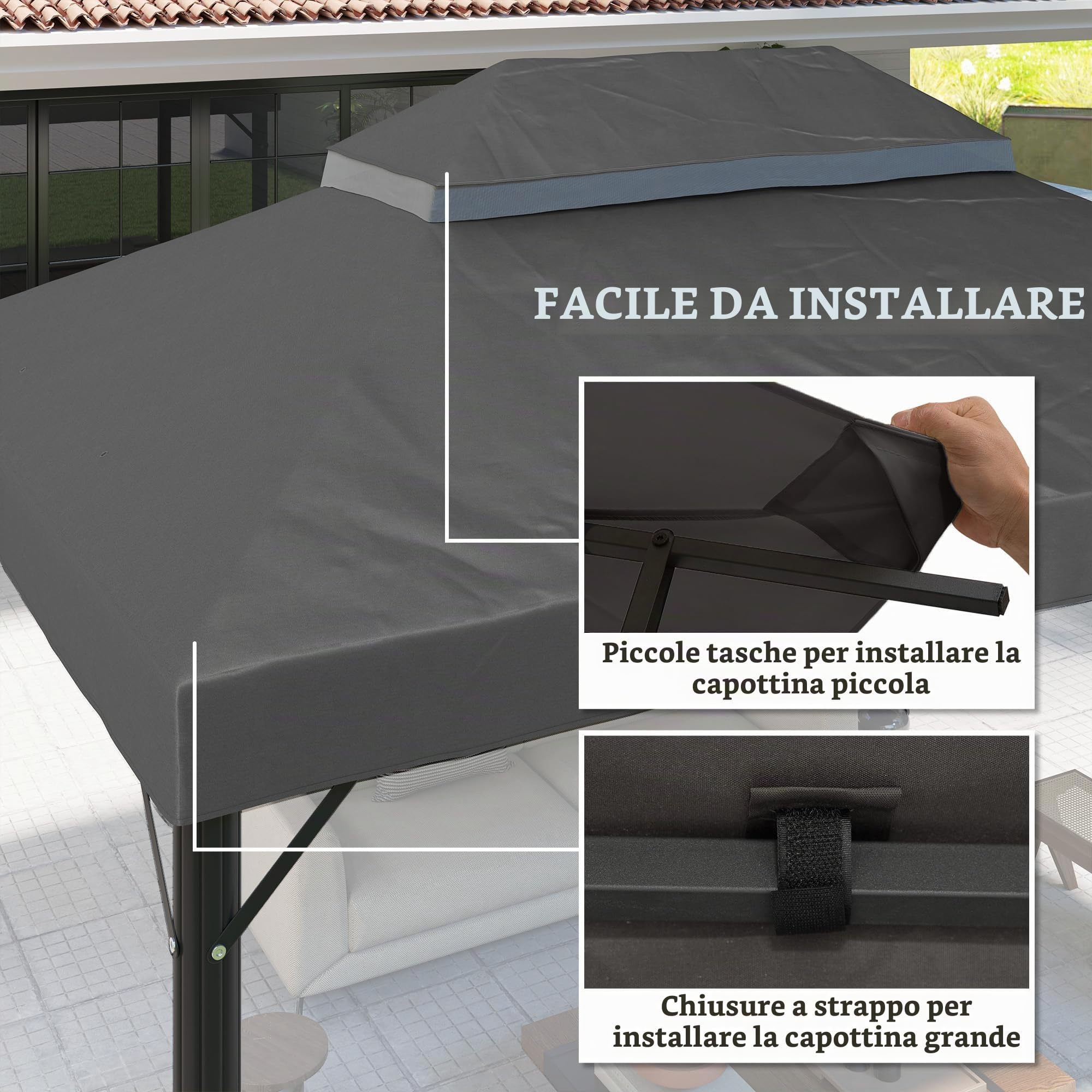 Outsunny Tessuto di ricambio per gazebo 4 x 3 m, doppio tetto con fori di drenaggio, poliestere ad alta densità 370 g/m², protezione solare UPF30+, SOLO SUPERFICIE INCLUSA, grigio scuro