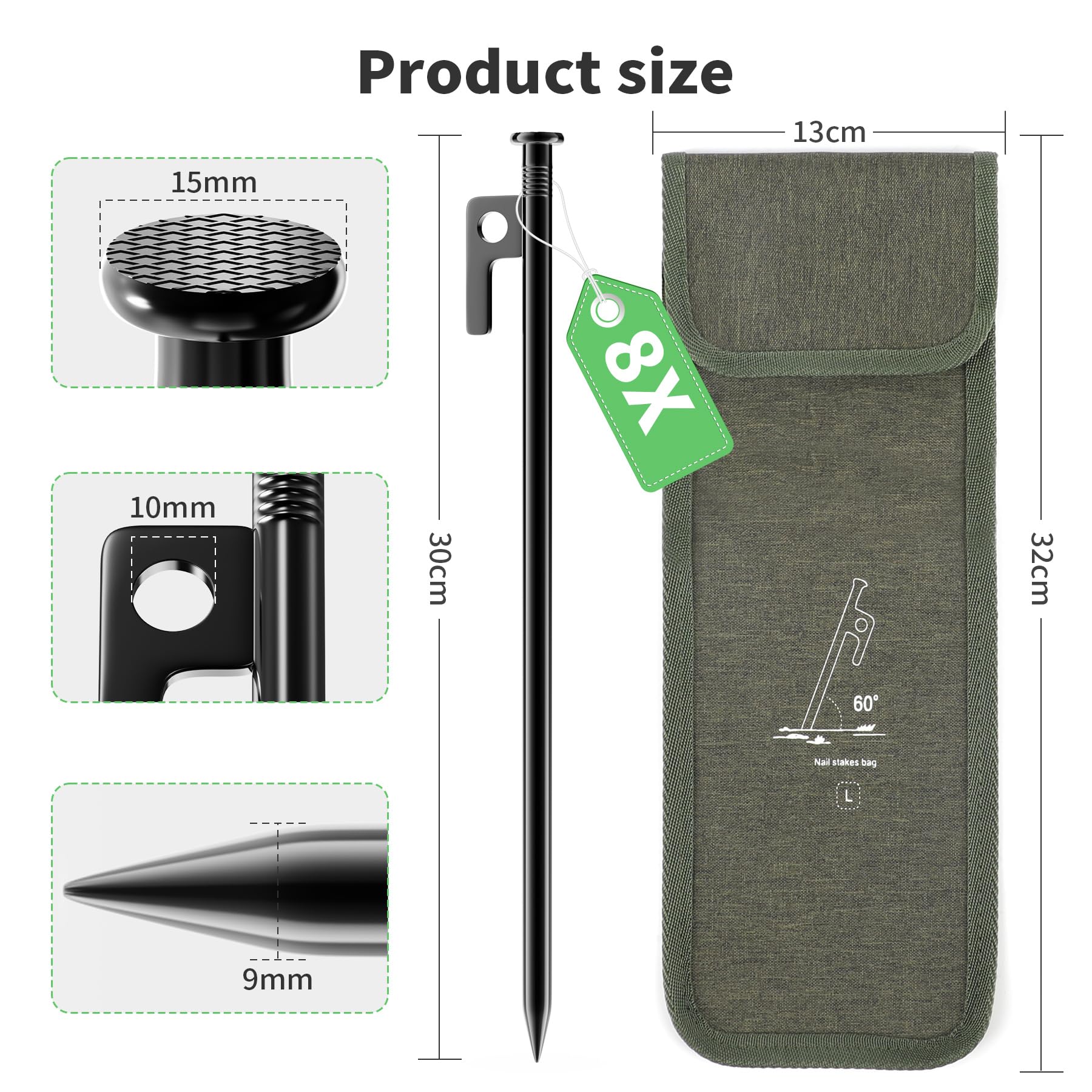 Forever Speed 8PCS Piquetas Camping de Acero con Bolsa de Almacenamiento, 30CM Estacas Tiendas de Campaña Piquetas para Tienda para Suelos Duros, Bosques, Pradera - Negro