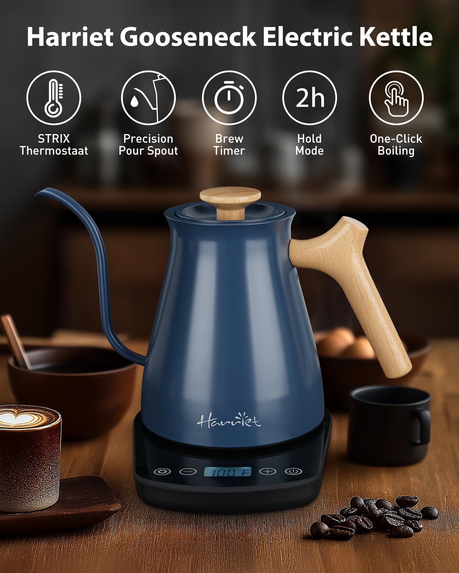 Harriet Gooseneck Electric Kettle with Temperature Control & Bult-in Timer - 1200W Fast Heating, 0.8 Liter, Wood Handle, Stainless Steel Electric Water Kettle for Pour Over Coffee and Tea, Blue