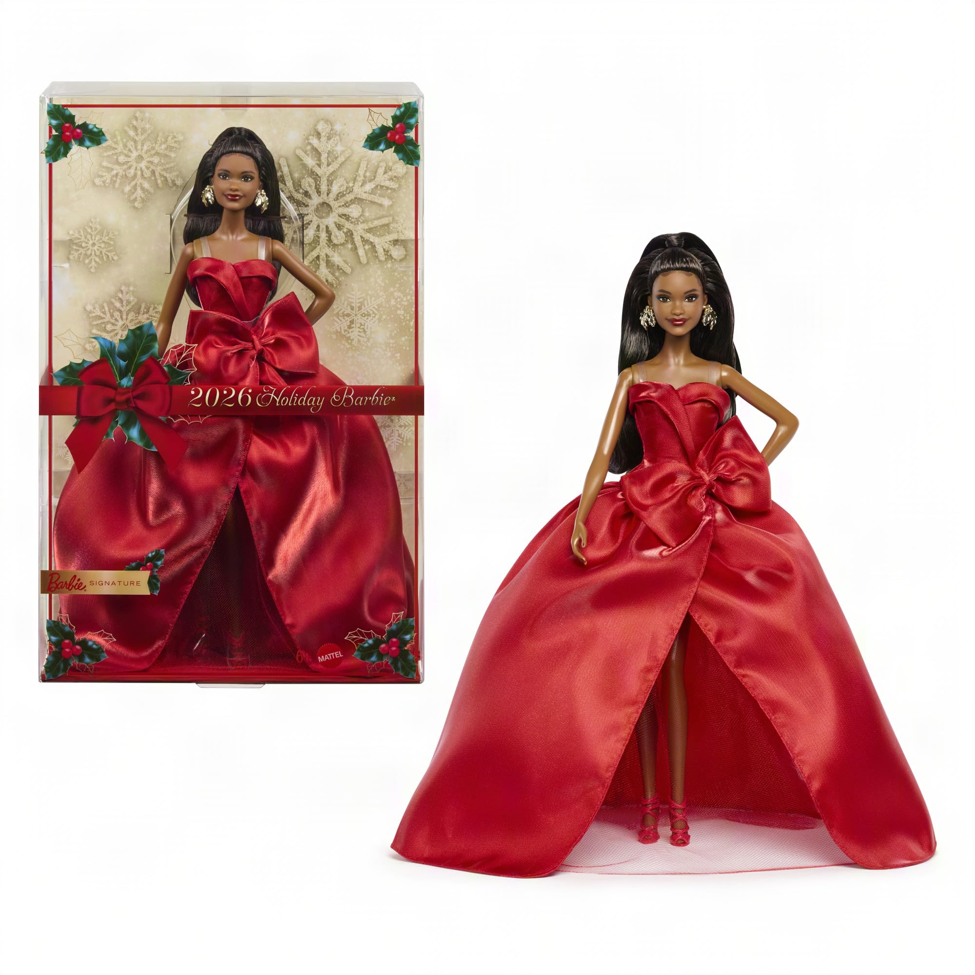 Barbie Signature Świąteczna Lalka 2026, czarne włosy, kolekcjonerska lalka sezonowa, czerwona suknia z kokardą, podstawka, ozdobne opakowanie, zabawka dla dzieci 6+ i kolekcjonerów, JJX71