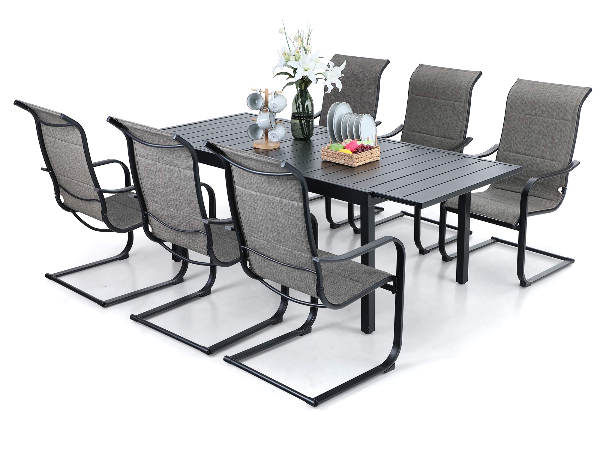 PHI VILLA8 Piece Patio Dining Set for 7, Expandable Slatted Metal Dining Table & C-Spring Chairs with Padded Textilene for Patio, Deck, Yard