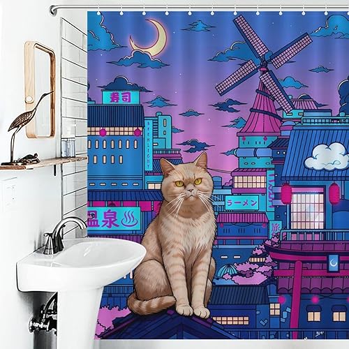 Miniatura 2 de Cortina de ducha de gato japonés de neón, impermeable, de poliéster, decoración retro para niños y adultos, se adapta a bañera, ducha y ventana,