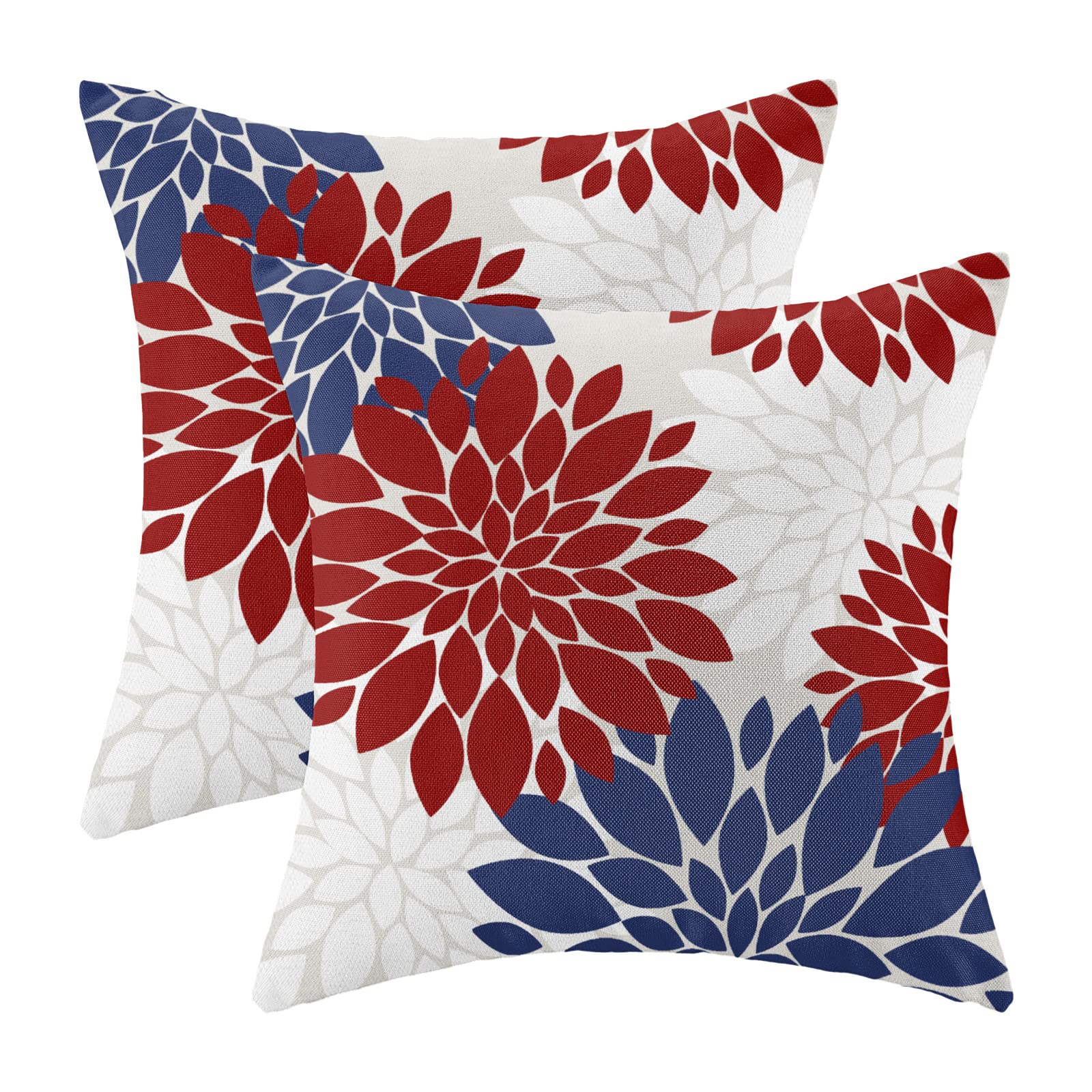 4th of July Pillow Covers 20x20 Inch Set of 2 Patriotic Themed Navy Blue Red White Dahlia Floral Decor Throw Pillows Modern Geometry Flower Outdoor
