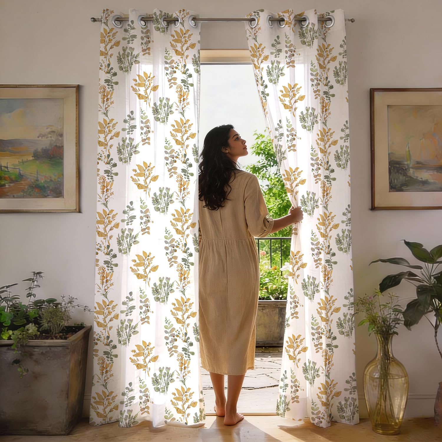 Urban Space Printed Sheer Curtains for Window 5 feet, 35-40% Light Filtering Textured Decorative Curtain with Eyelets and TieBack for Living Room, Set of 2 Curtains (Window - 5 ft, Classic Floral)