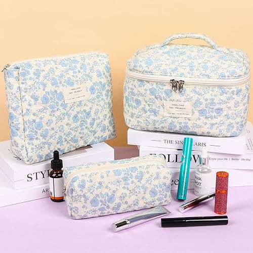 Miniatura 7 de Bolsa de maquillaje acolchada de algodón de 3 piezas, juego de bolsa de maquillaje acolchada floral, bonita bolsa de cosméticos para mujer, bolsa