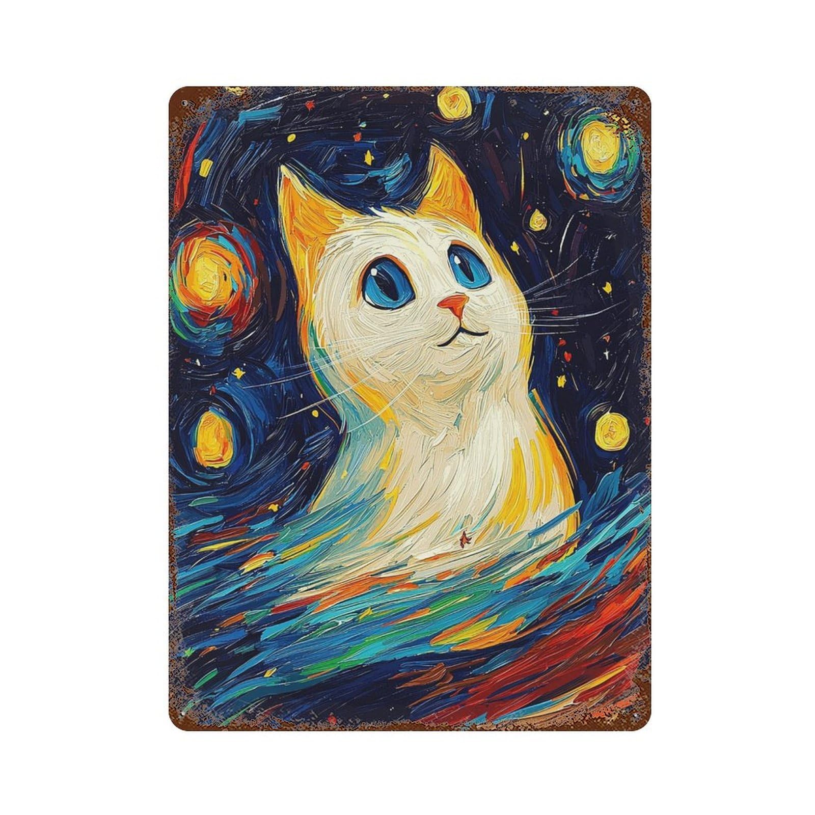 Starry Night Cat Painting 15.7"x11.8" Distressed Metal Wall Sign, Shabby Chic Decor for Shed, Workshop And Garage Wall Decor
