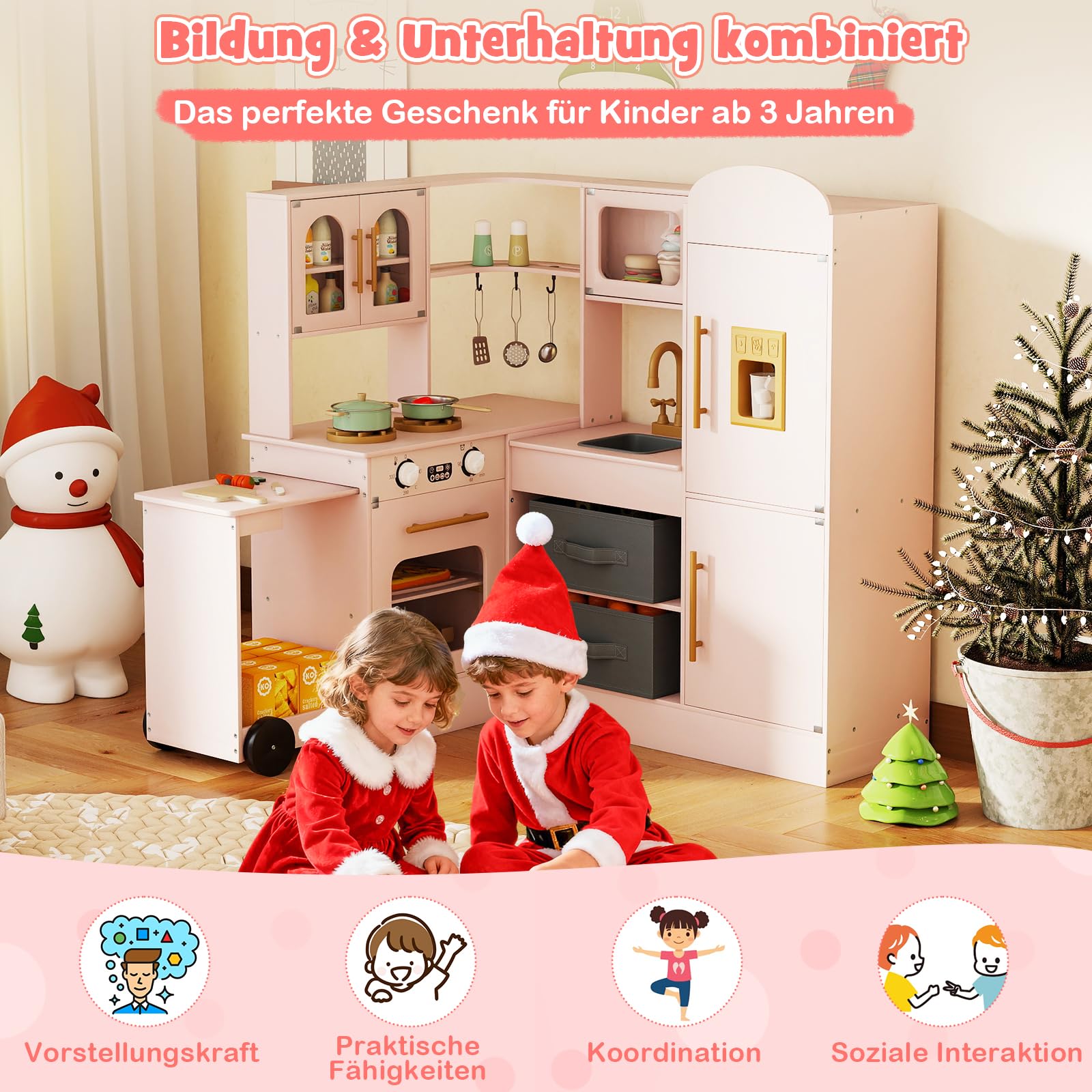 COSTWAY Kinderküche mit Licht und Sound, Eck Spielküche mit ausziehbarer Arbeitsplatte, Spüle, Herd, Ofen & Kühlschrank, Spielzeugküche inkl. Zubehör & Stoffkörben, für Kinder ab 3 Jahren (Rosa)