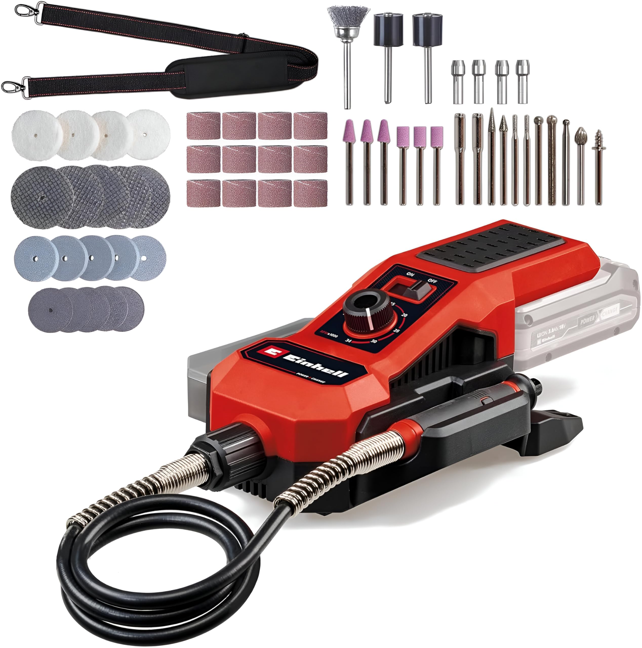 Einhell Power X-Change Cordless Grinding and Engraving Tool - 18V, Variable Speed (5,000-34,000 RPM), Engraving Tip - TE-MT 18/34 Li Rotary Multi Tool with 55pc Accessory Set (Battery Not Included)