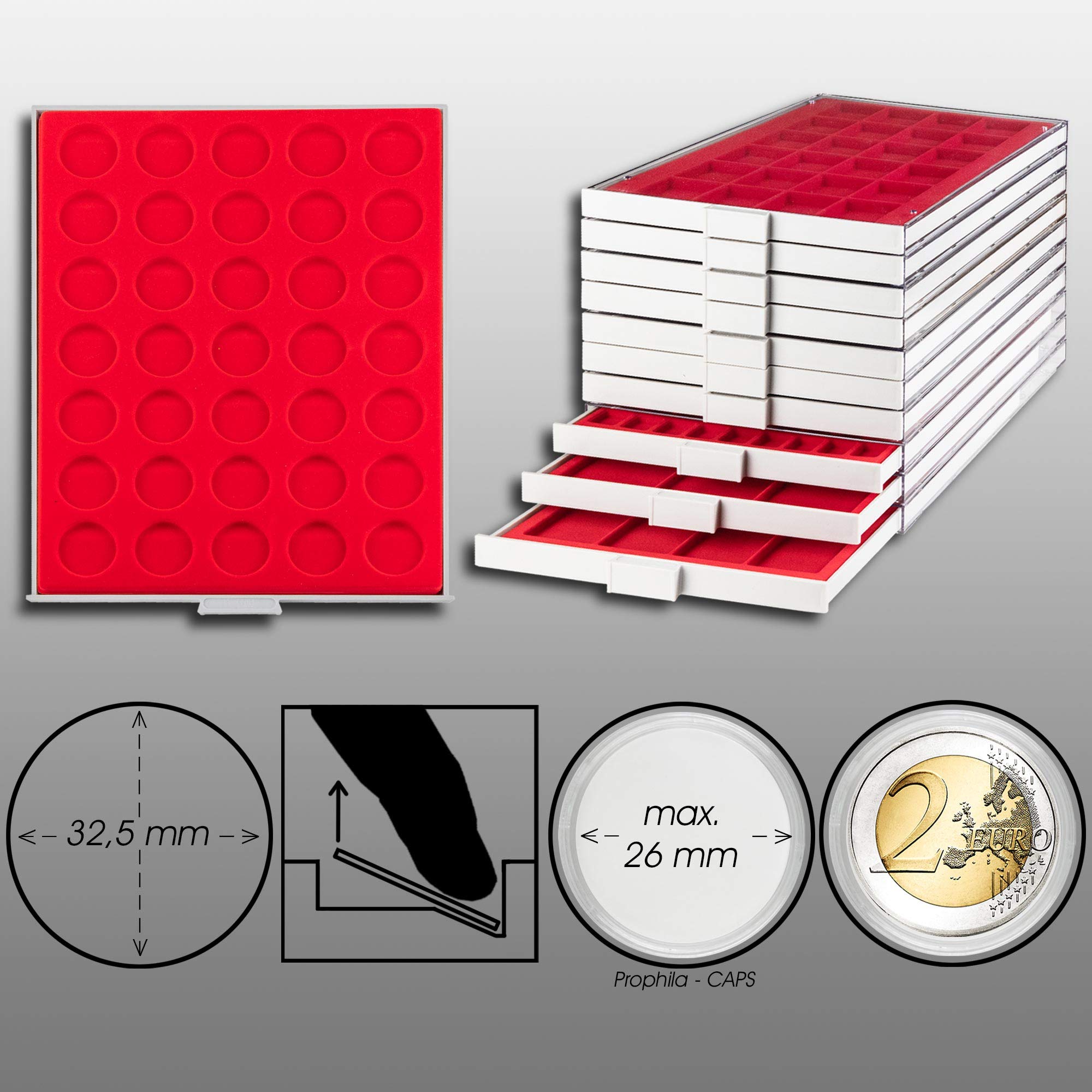 Prophila Coin Box Gray 35 Round compartments for 10/20-€URO-Coins or Coins up to 32,5 mm, red Insert