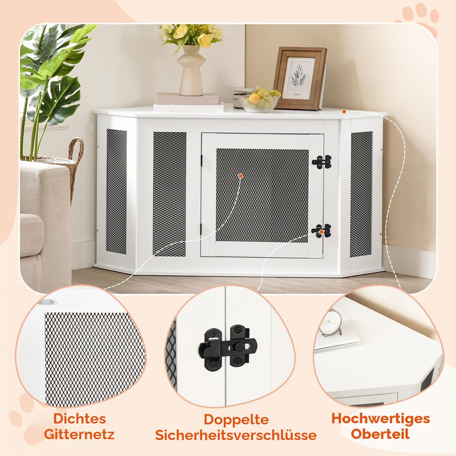 MAHANCRIS Eck Hundekäfig Möbel, Hundebox für Zuhause, im Innenbereich, 113 x 60 x 60 cm, Haustierkäfig für Kleine und Mittelgroße Hunde, Multifunktional, Vintage-Stil, Verwittertes Weiß ADCWT0801