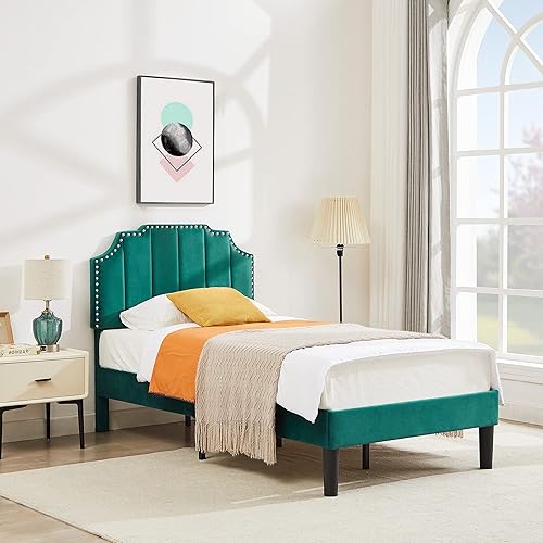 Miniatura 75 de VECELO Base de cama tamaño Queen tapizada con cabecera ajustable copetuda/base de colchón con soporte de listones de madera, fácil montaje, azul