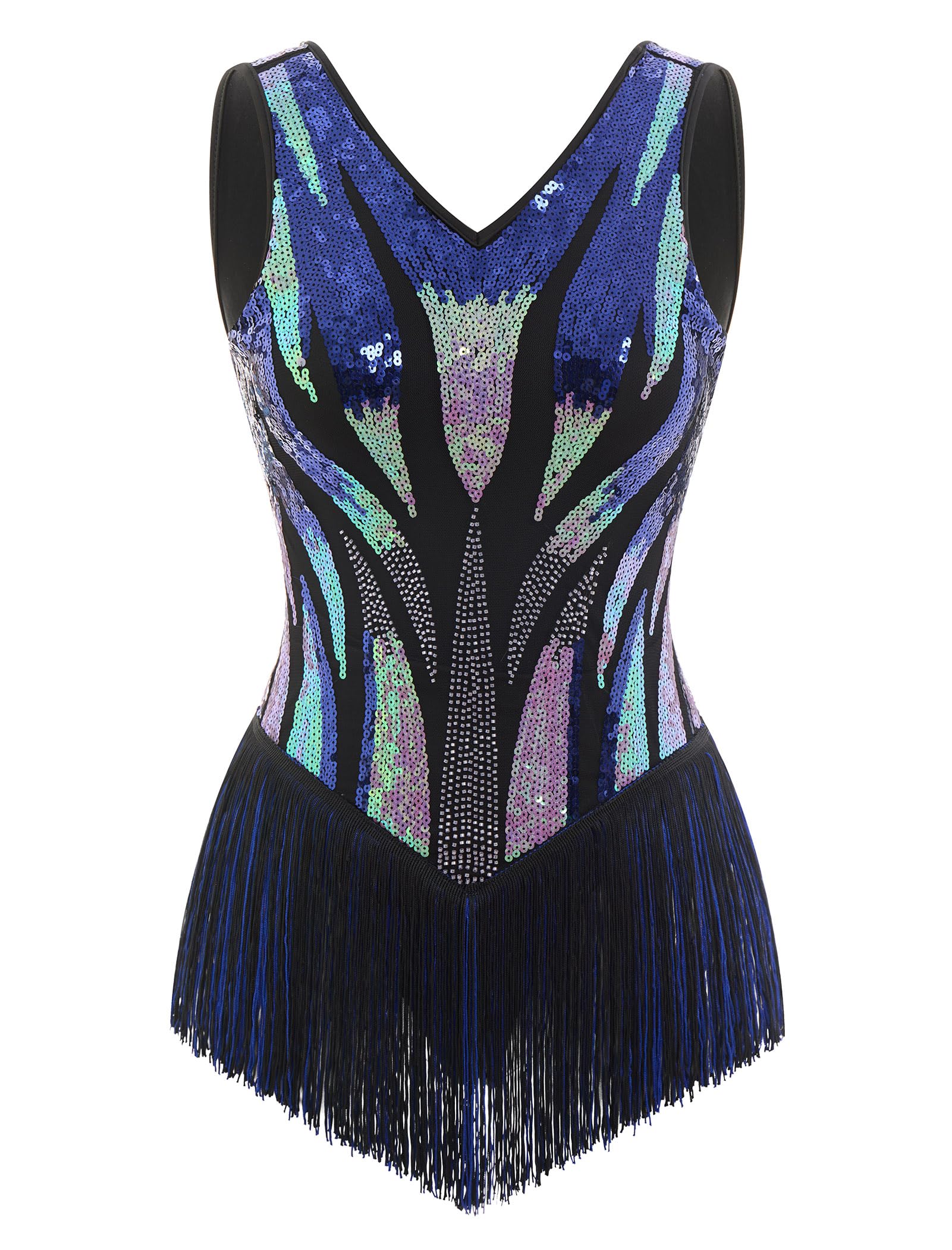 Damen Latein Tanzkleid Pailletten Fransen Salsa Tanzkostüm Jazz Tanz Body für Bühne Karneval Tanzshow
