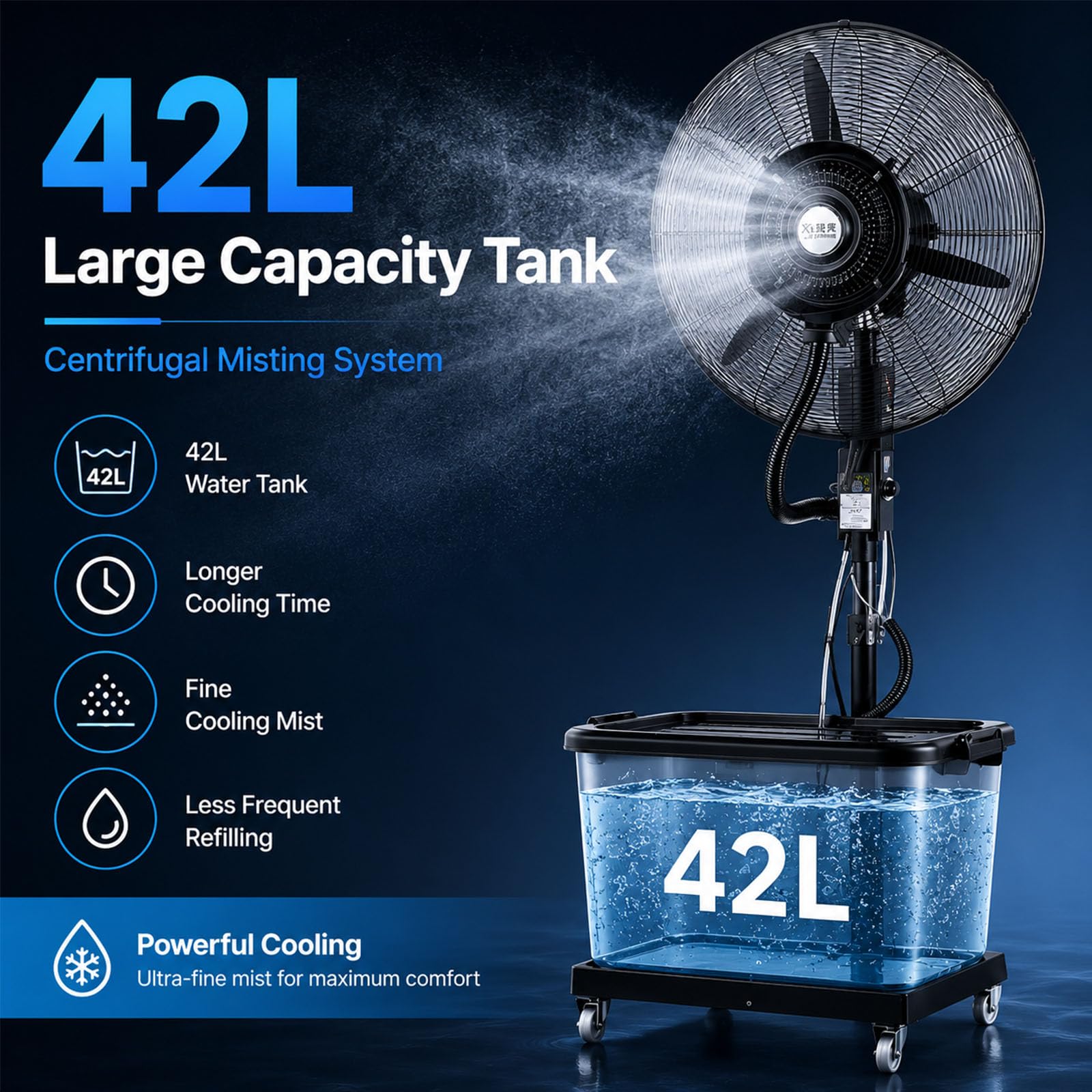 Ventilatore Industriale con Nebulizzazione ad Acqua, Ventilatore a Spruzzo ad Alta Potenza con Serbatoio da 42 Litri, Umidificatore Evaporativo Portatile su Ruote per Esterni, Terrazze e Capannoni