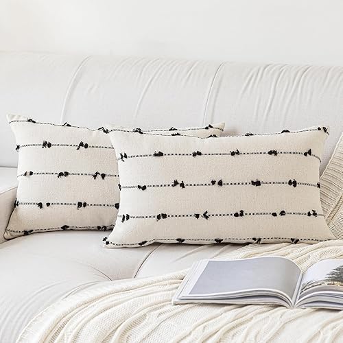 Miniatura 7 de Juego de 2 fundas de almohada bohemias de 12 x 20 pulgadas, modernas fundas de cojín decorativas de lino copetudo, fundas de almohada neutras para