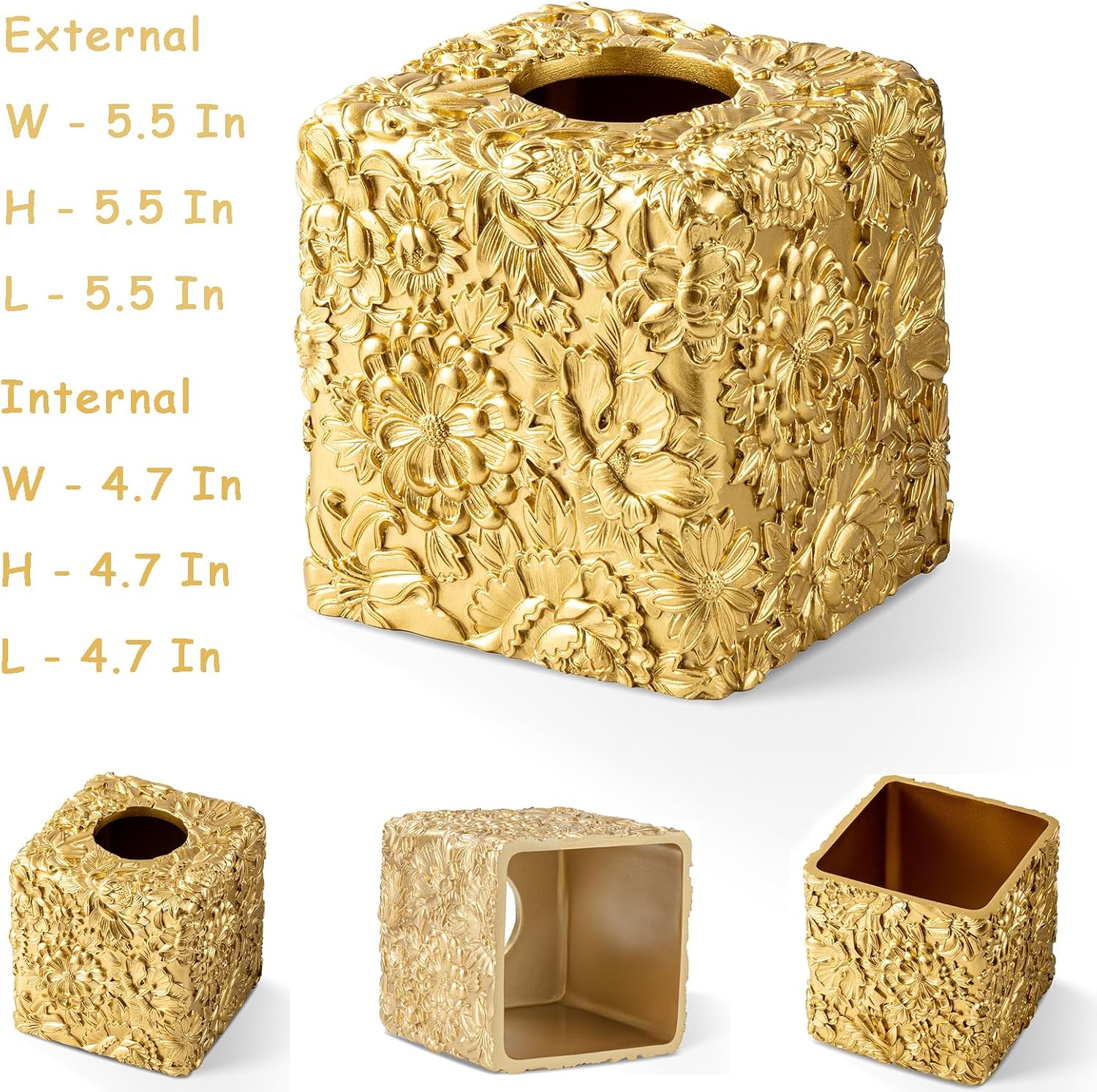Hand-Carved Floral Patterns Square Tissue Box Cover,Tissue Box Holder for Bathroom Home Decor,Hand Carved 3D Florwers Tissue Case,Farmhouse Paper Organizer,Sunflowers Gold