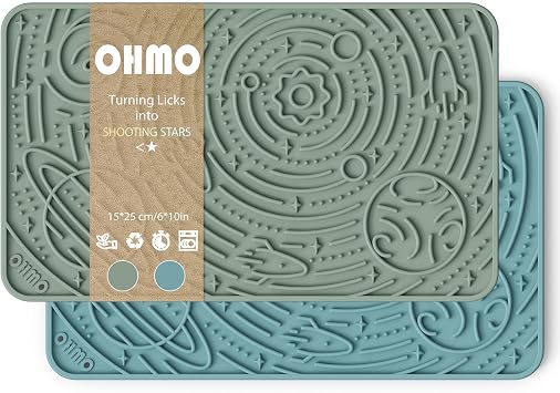 OHMO Lick Mat for Dogs & Cats, Blue+Green, 2pcs, 9.8"5.9" Galaxy Design Slow Feeder with Suction Cups, Keep Them Busy & Anxiety Relief, Easy Clean Enrichment Accessories